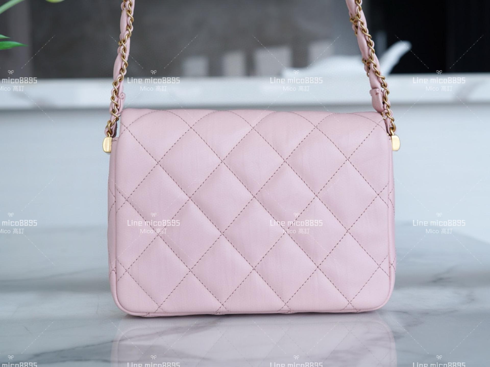 CHANEL 19系列 穿皮肩帶 褶皺小牛皮口蓋包 粉色 20.5cm