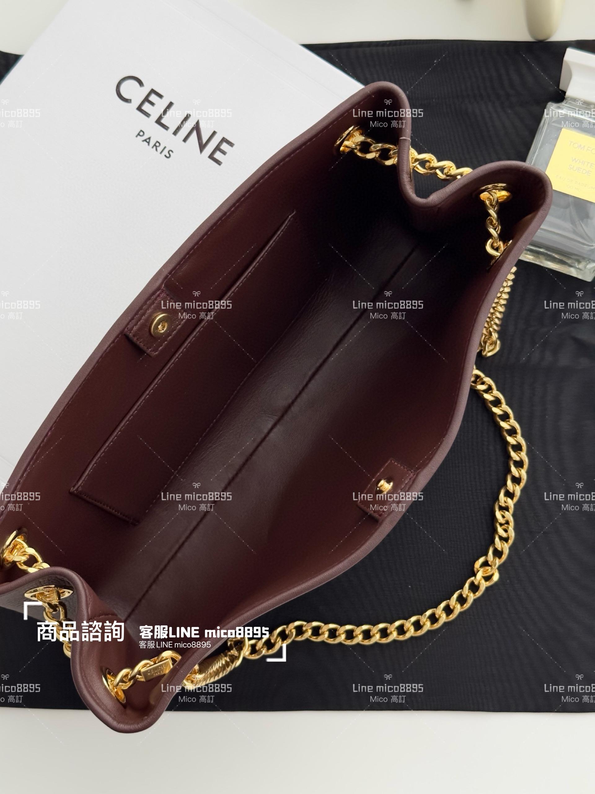 CELINE｜23fw Newspaper 復古風格單肩包 深棗紅 牛皮革鏈條包 31cm