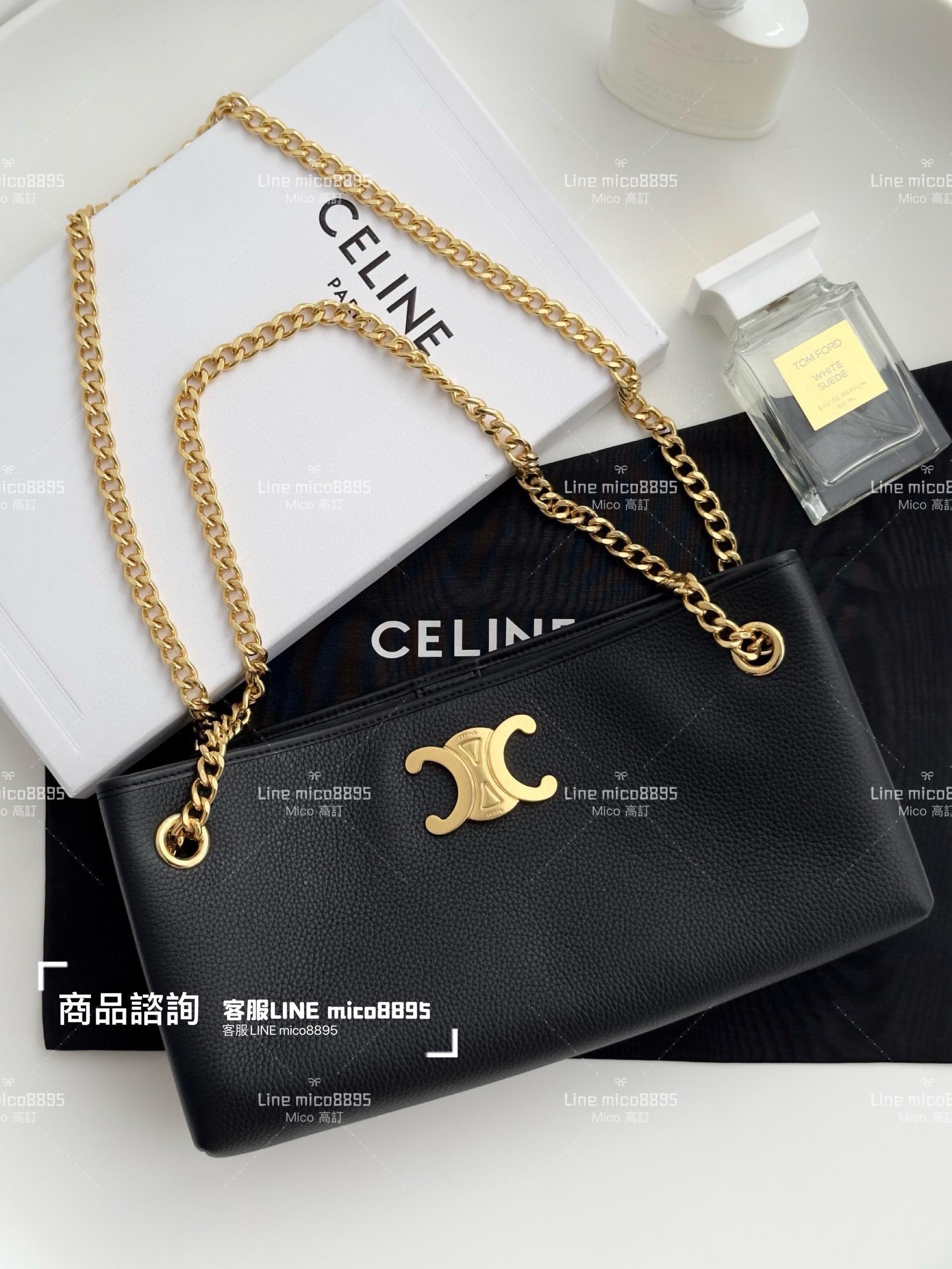 CELINE｜23fw Newspaper 復古風格單肩包 黑色 牛皮革鏈條包 31cm