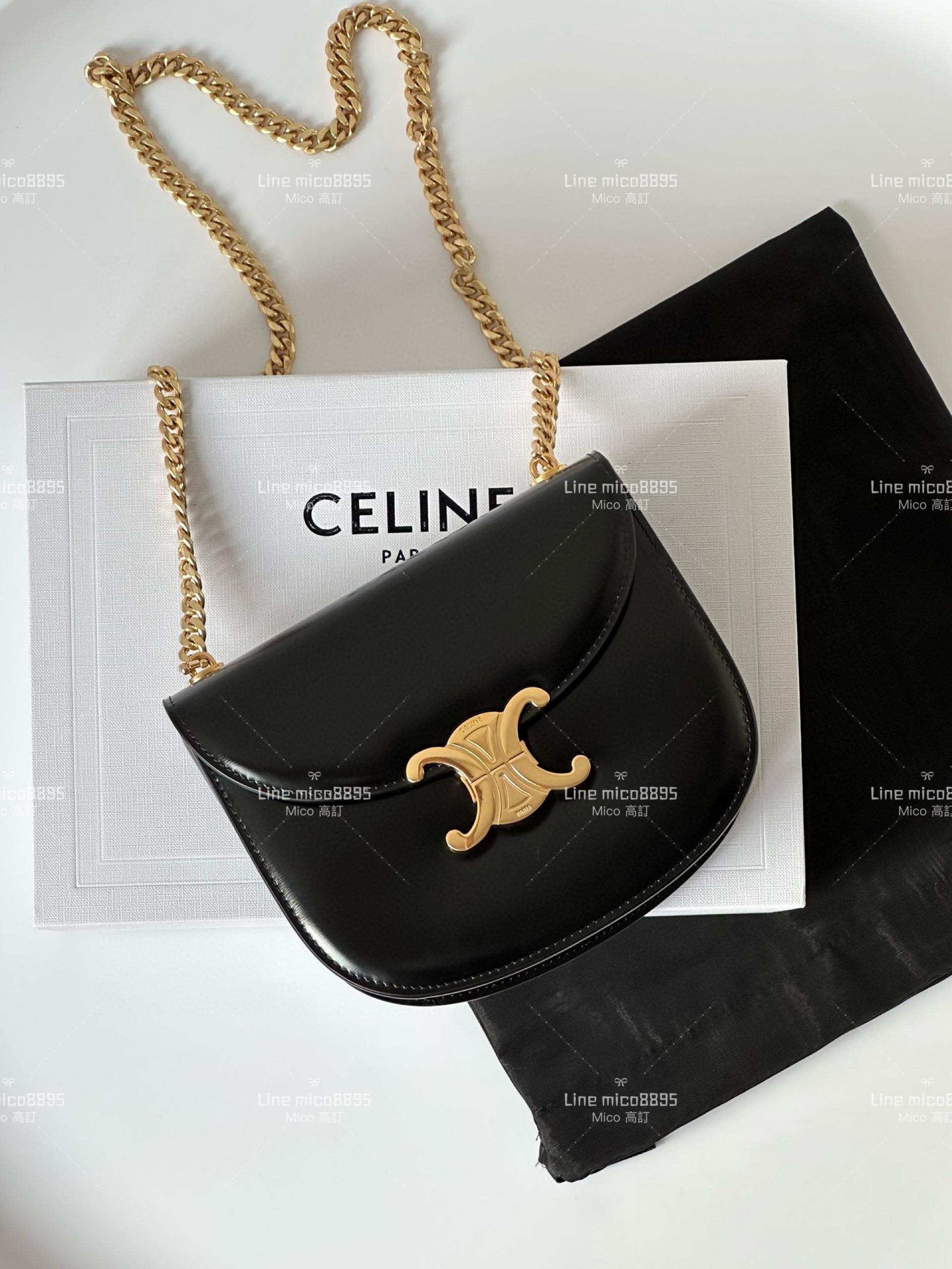 CELINE｜黑色 鏈條凱旋門 TRIOMPHE Teen Besace 馬鞍包 19cm