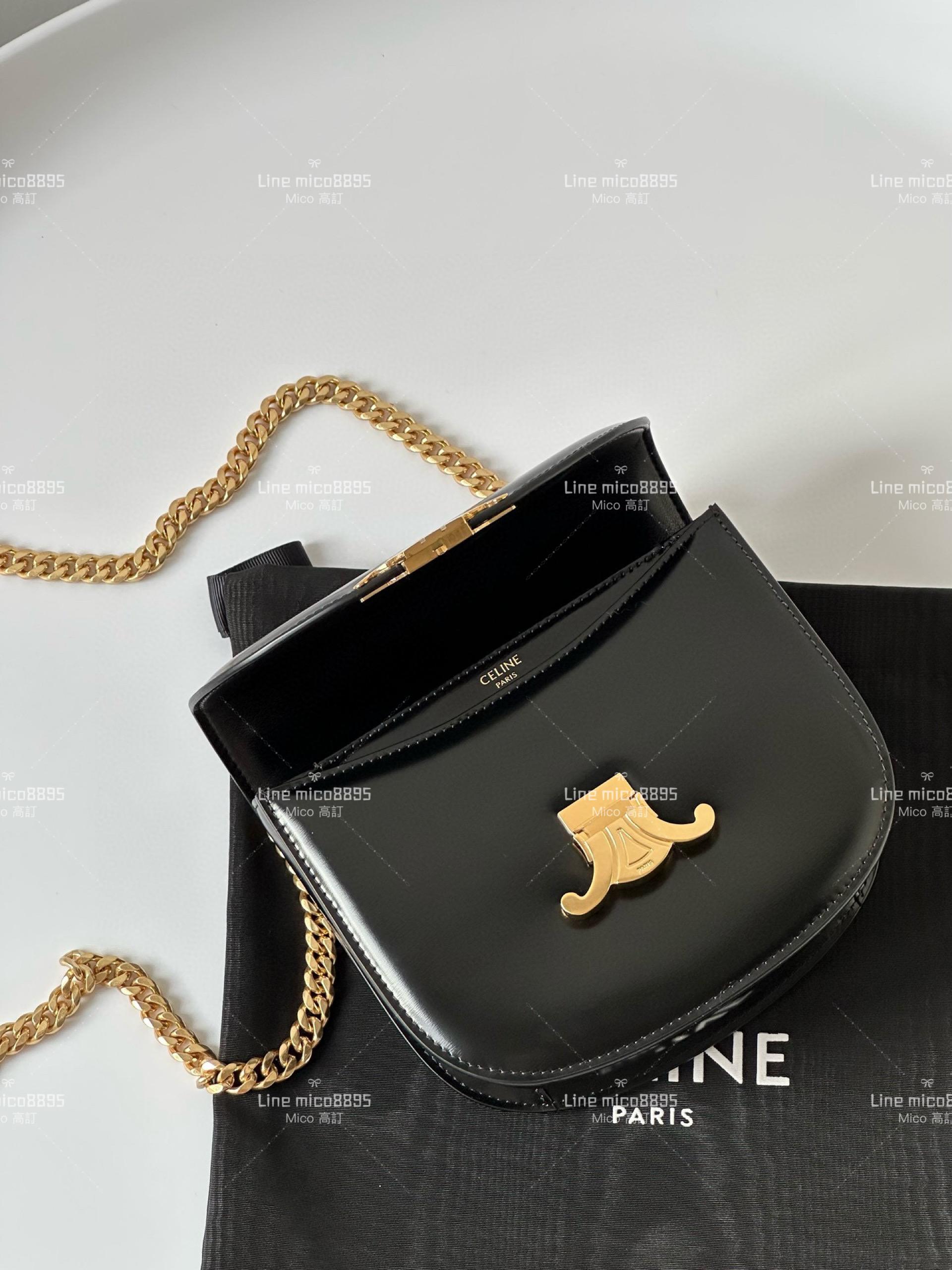 CELINE｜黑色 鏈條凱旋門 TRIOMPHE Teen Besace 馬鞍包 19cm