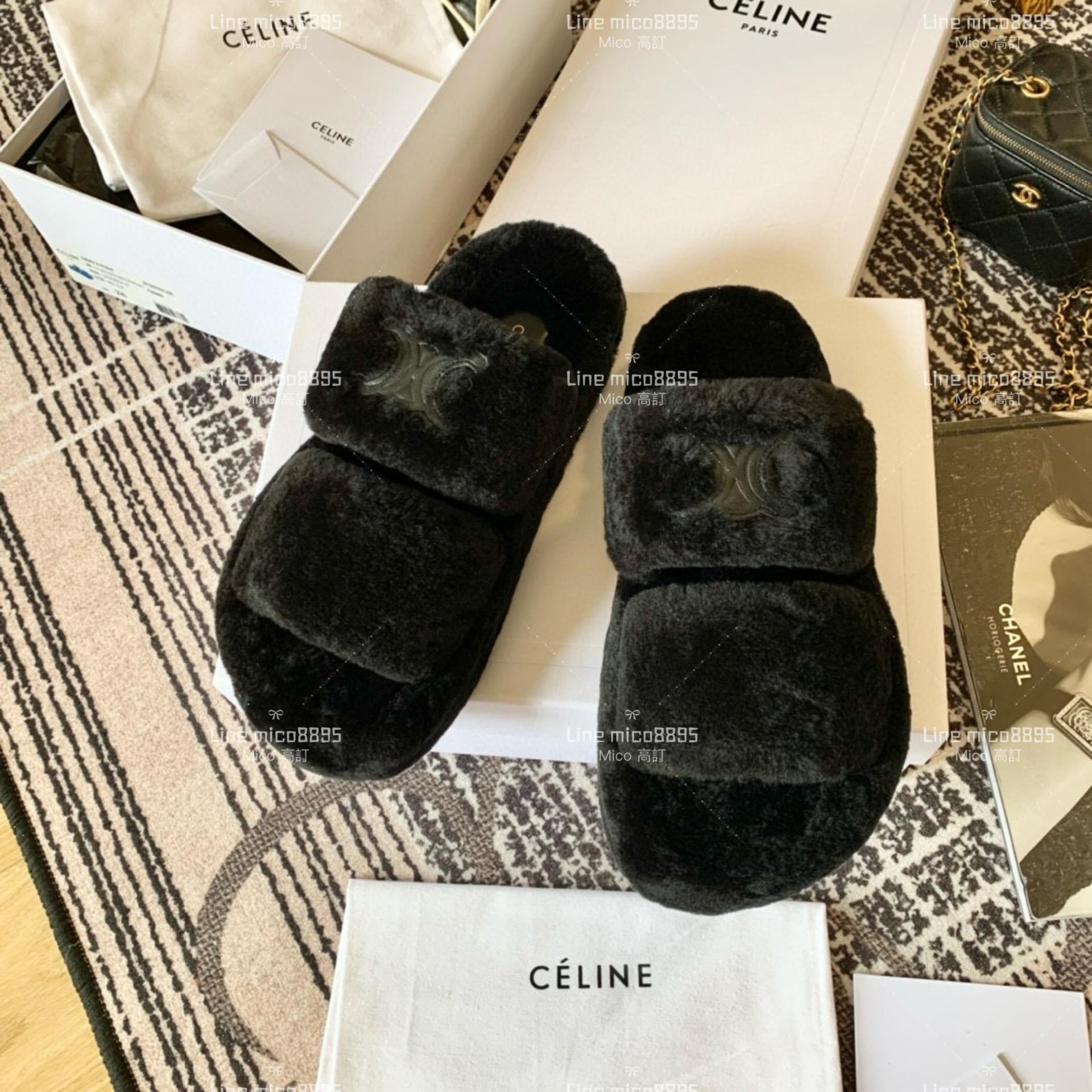 Celine 網紅款 黑色羊毛凱旋拖鞋 毛毛拖鞋 35-39