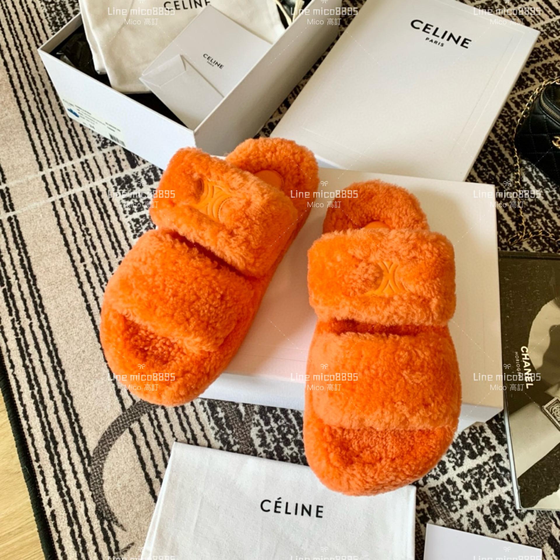 Celine 網紅款 火焰橙 羊毛凱旋拖鞋 毛毛拖鞋 35-39