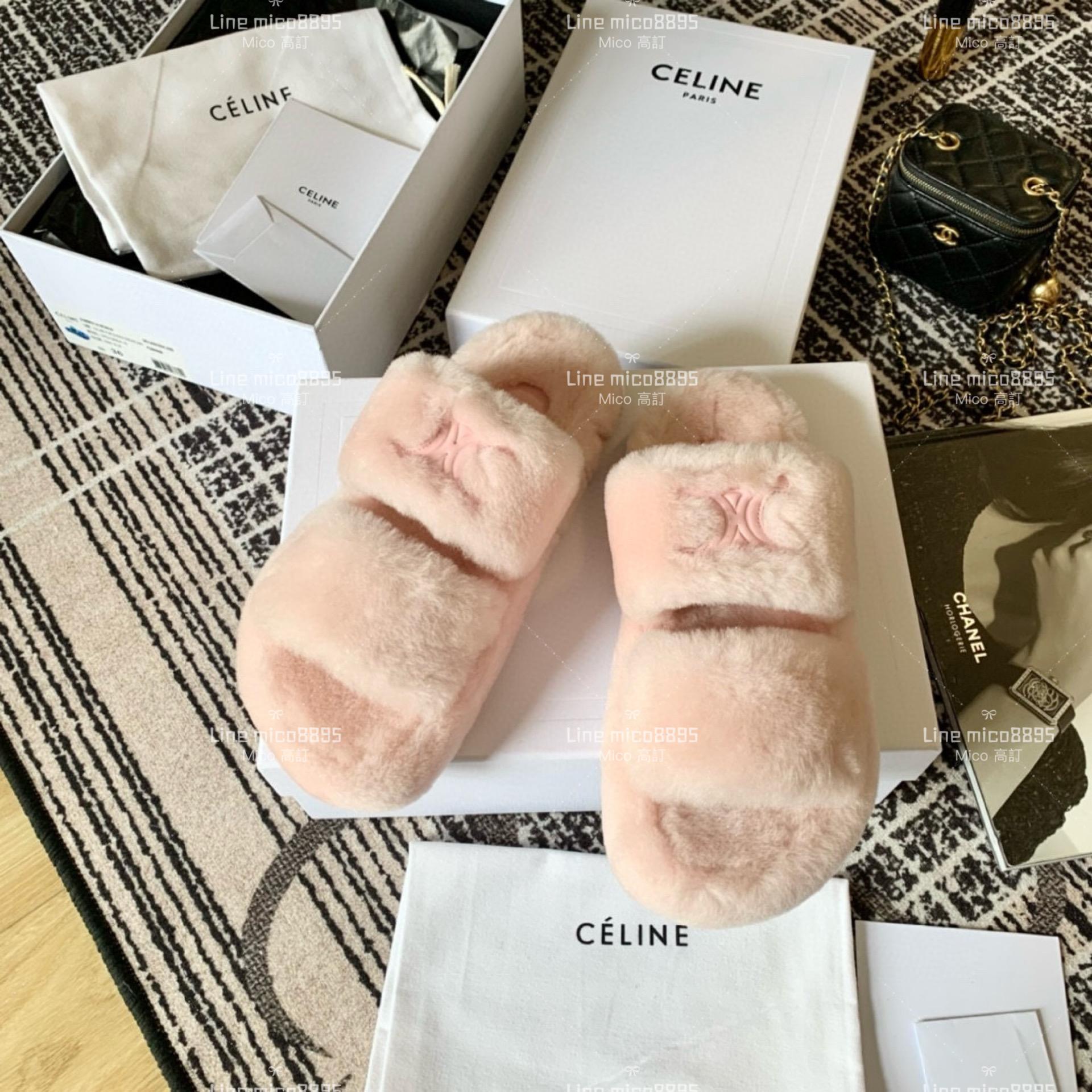 Celine 網紅款 粉色 羊毛凱旋拖鞋 毛毛拖鞋 35-39