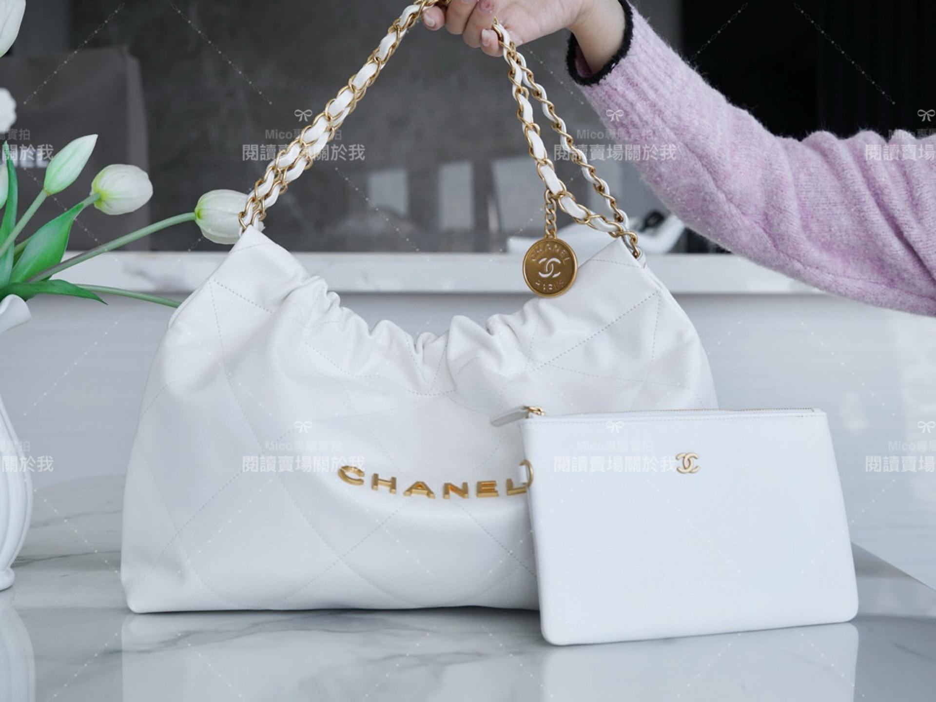 CHANEL 24c 橫版22Bag 白色金字 牛皮 45cm