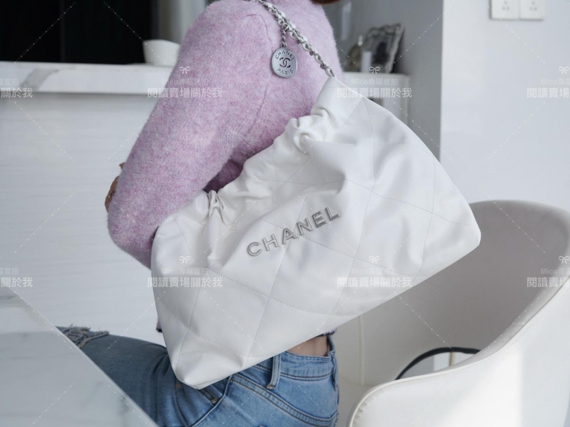 CHANEL 24c 橫版22Bag 白色銀釦 購物袋 牛皮 45cm