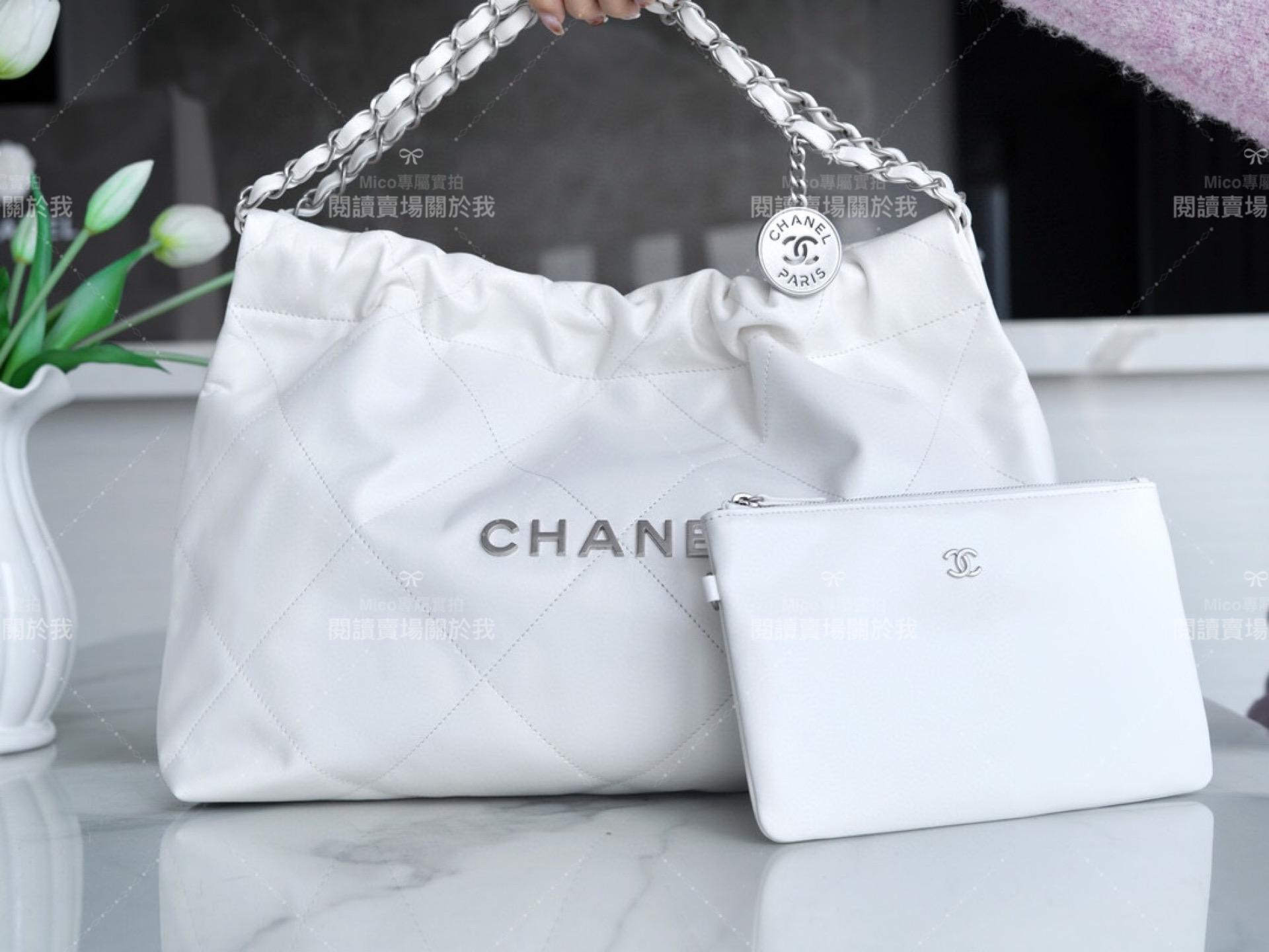 CHANEL 24c 橫版22Bag 白色銀釦 購物袋 牛皮 45cm