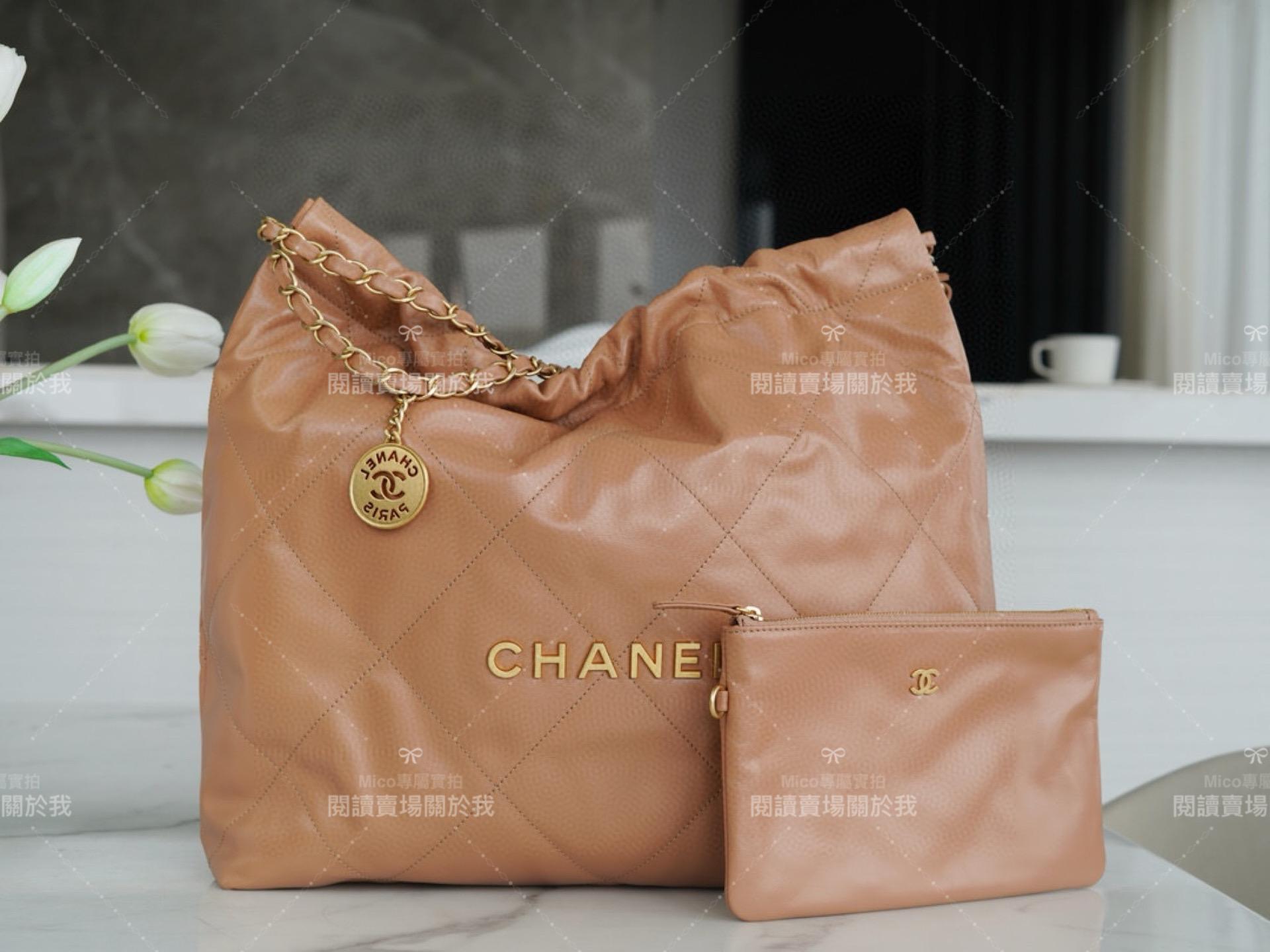 CHANEL 22Bag 奶茶色/金釦 牛皮 購物袋/22包 中號