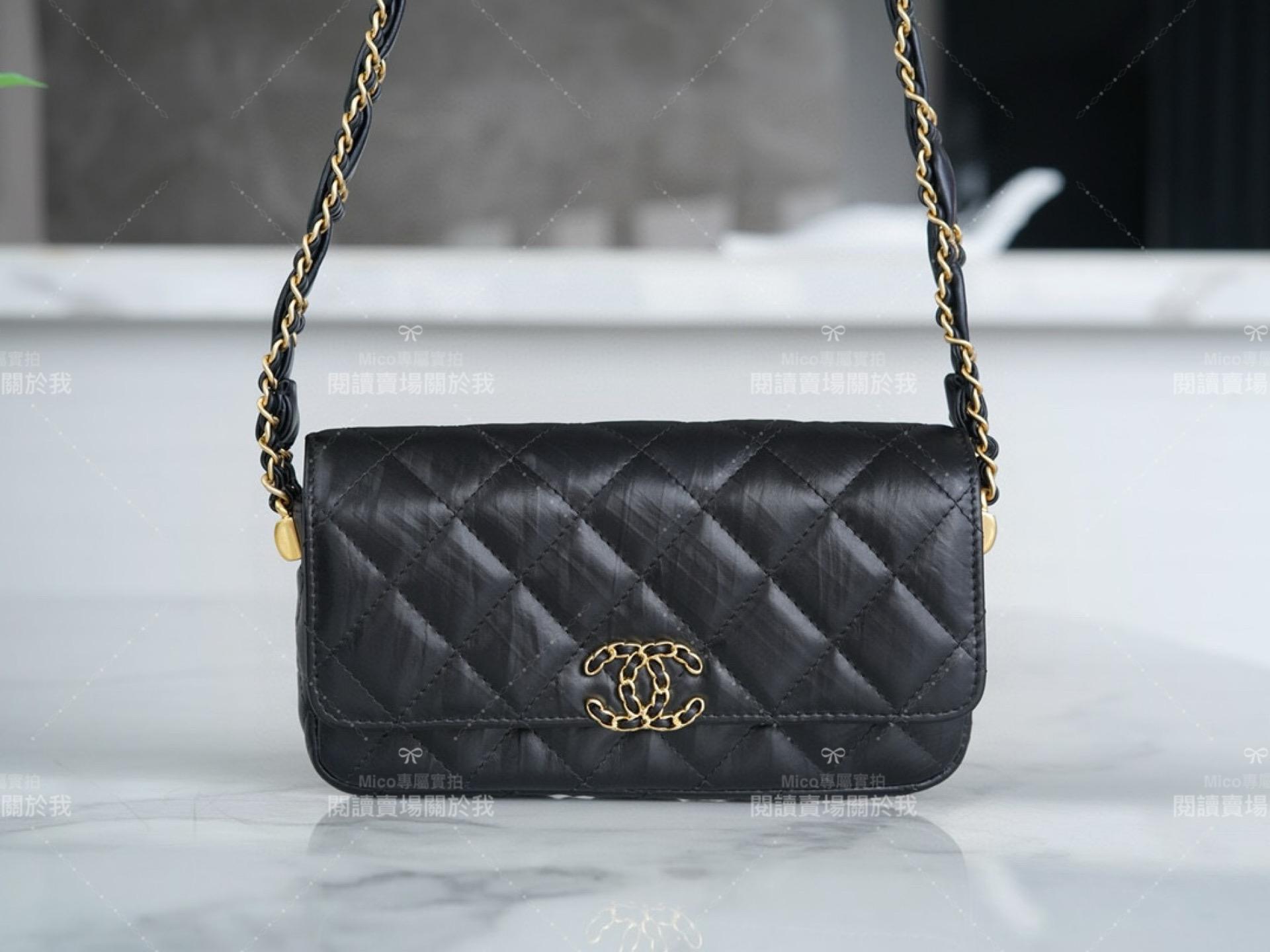 CHANEL 23k 秋冬19系列 寬肩帶法棍包 手機包 黑色 17.5cm