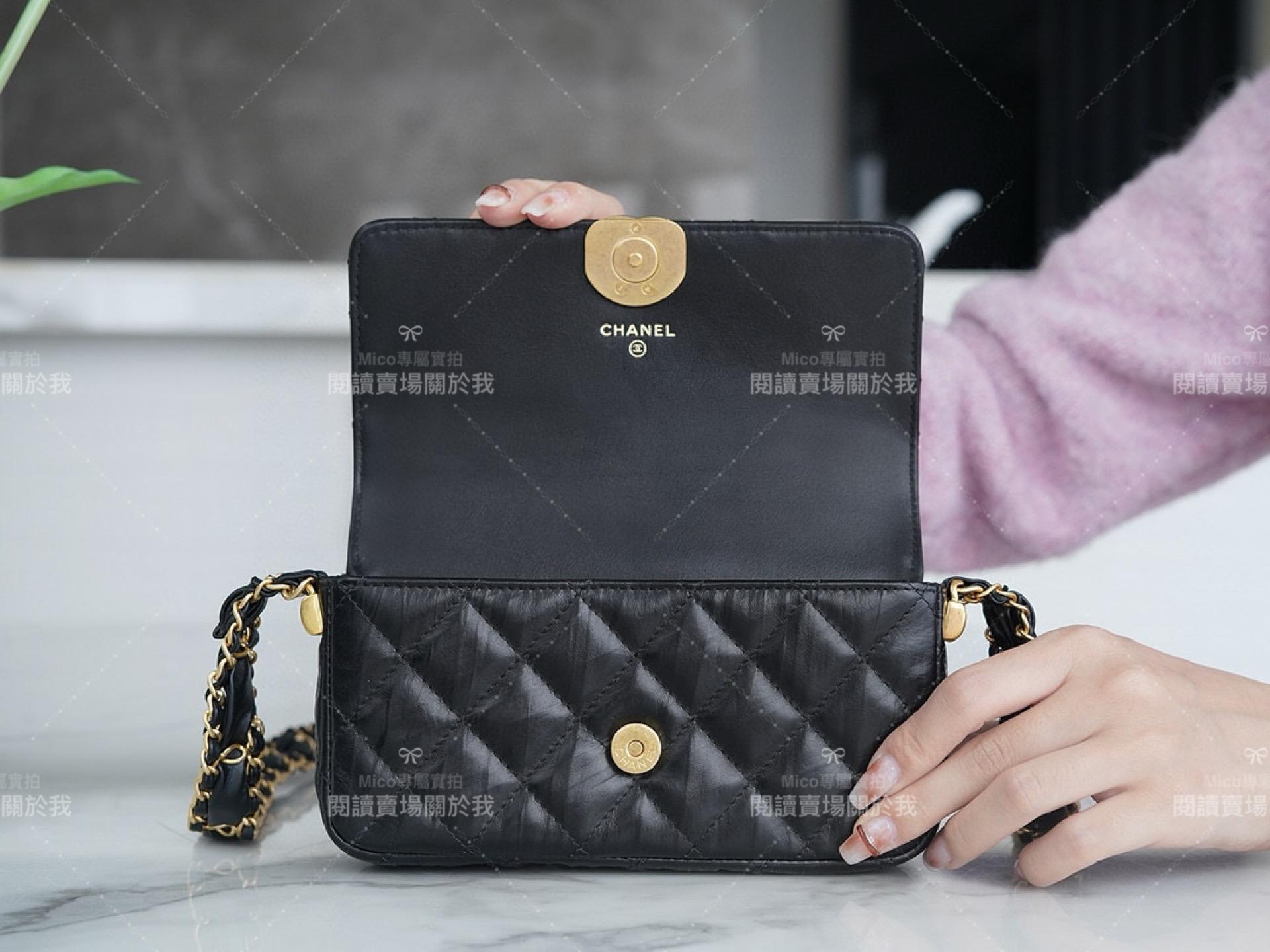 CHANEL 23k 秋冬19系列 寬肩帶法棍包 手機包 黑色 17.5cm