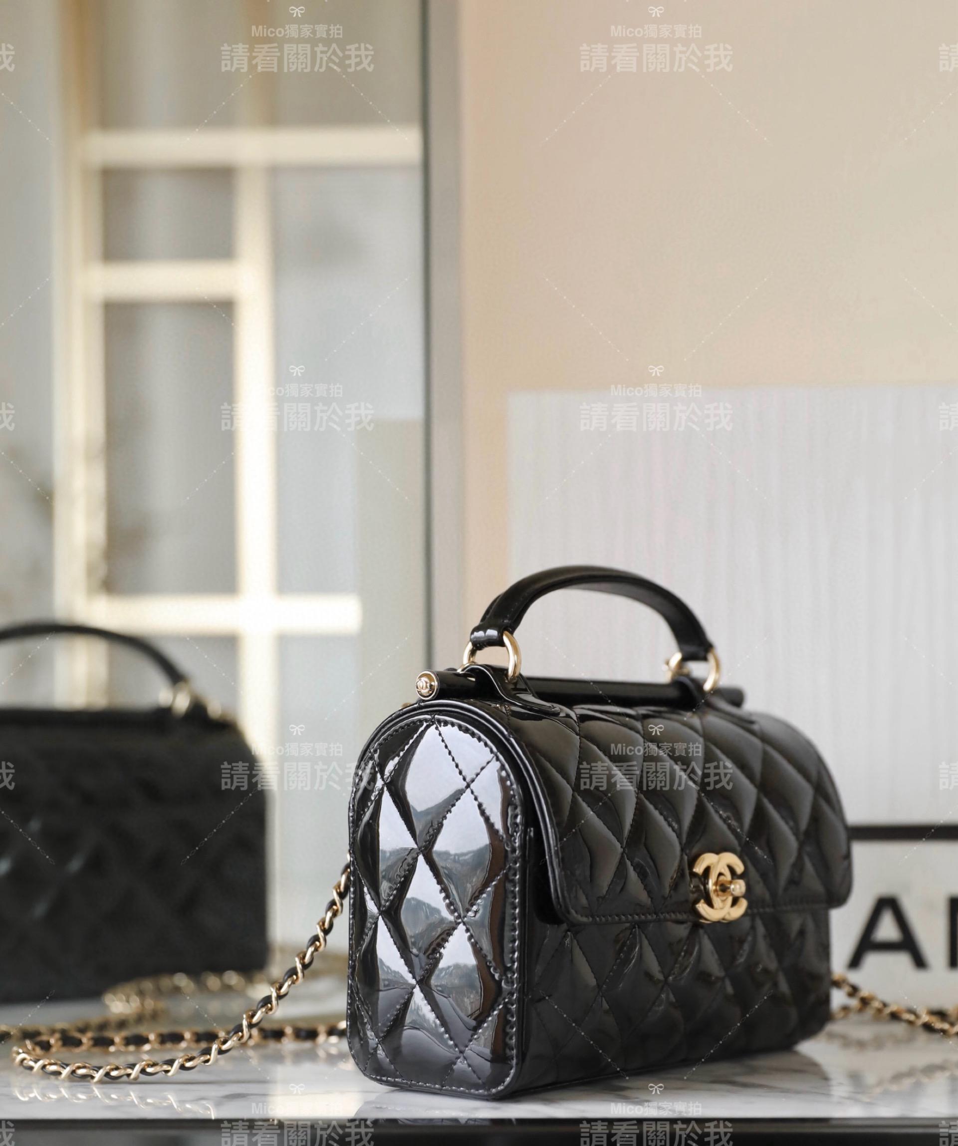 CHanel 23k秋冬款 黑色漆皮盒子包 ♥手提包 小羊皮 18cm