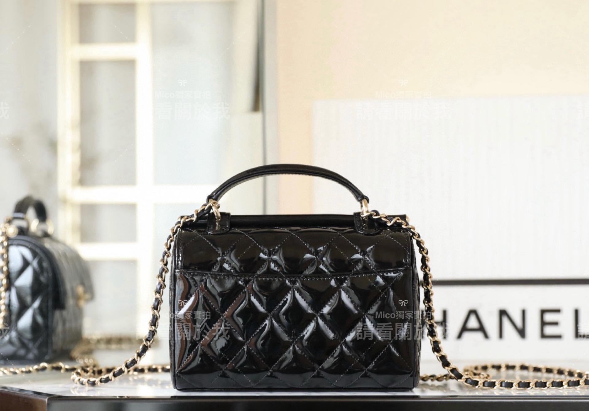 CHanel 23k秋冬款 黑色漆皮盒子包 ♥手提包 小羊皮 18cm