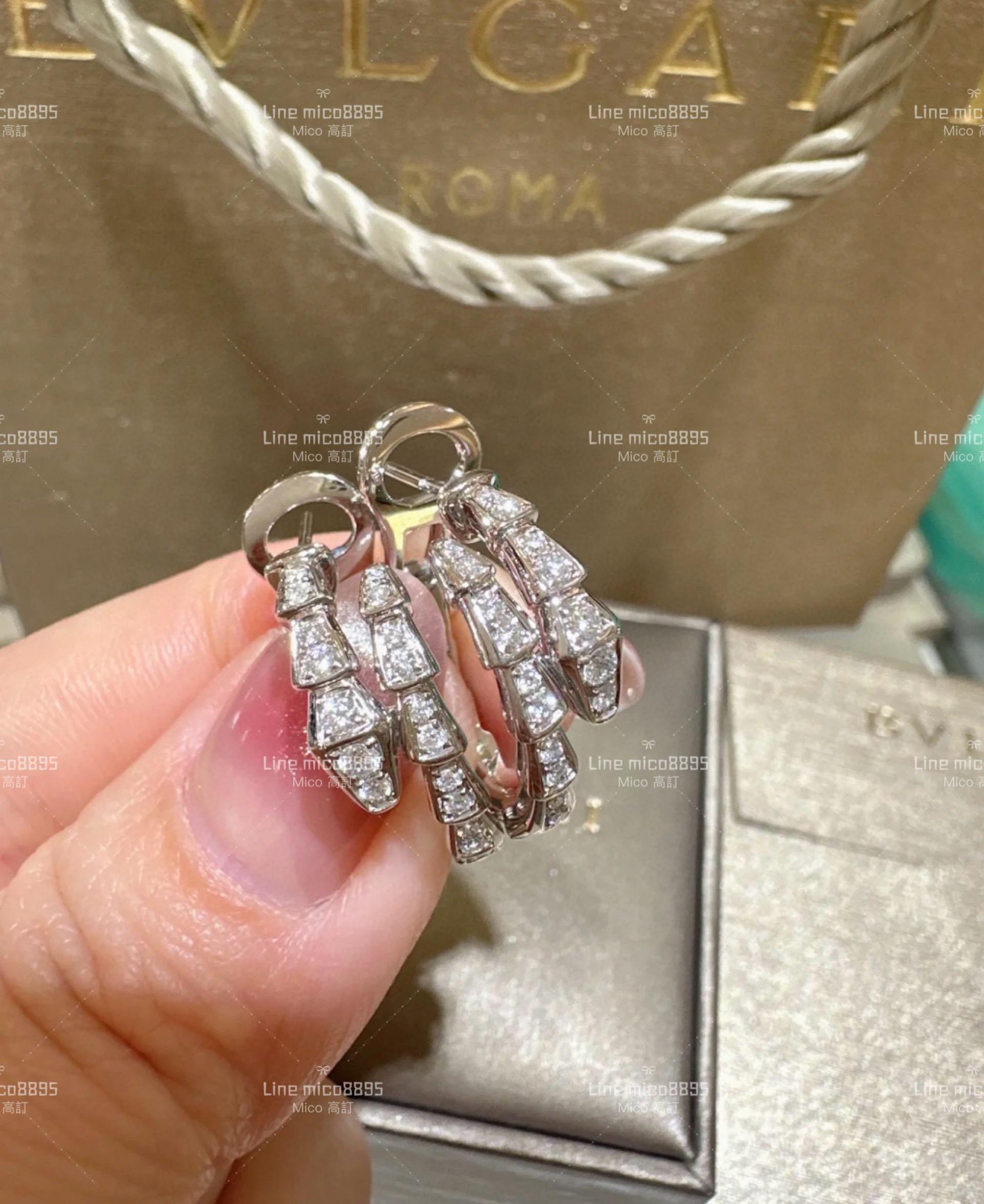 BVLGARI 寶格麗 Serpenti Viper 銀色 靈蛇滿鑽耳環/耳釘