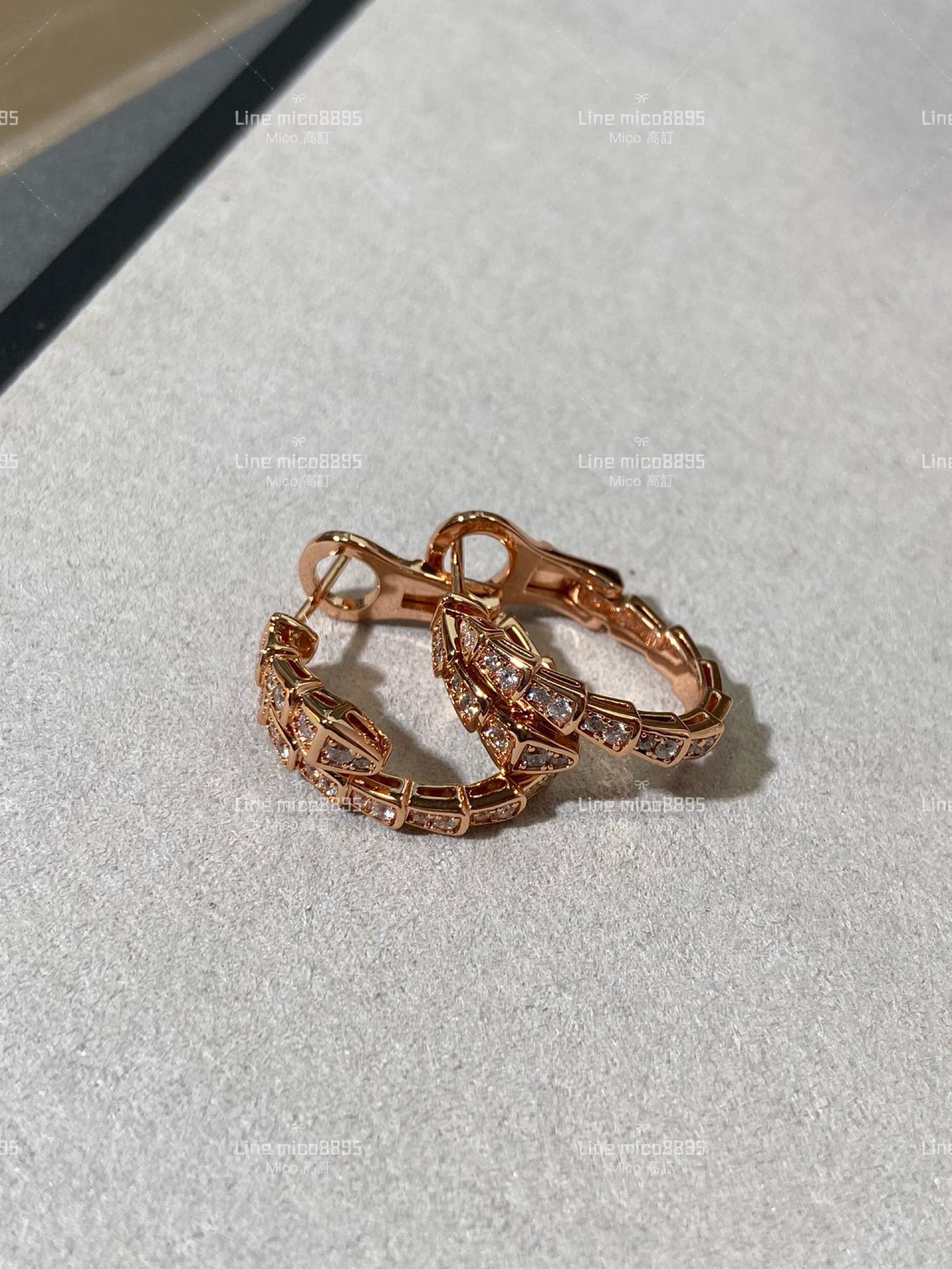 BVLGARI 寶格麗 Serpenti Viper 玫瑰金 靈蛇滿鑽耳環/耳釘