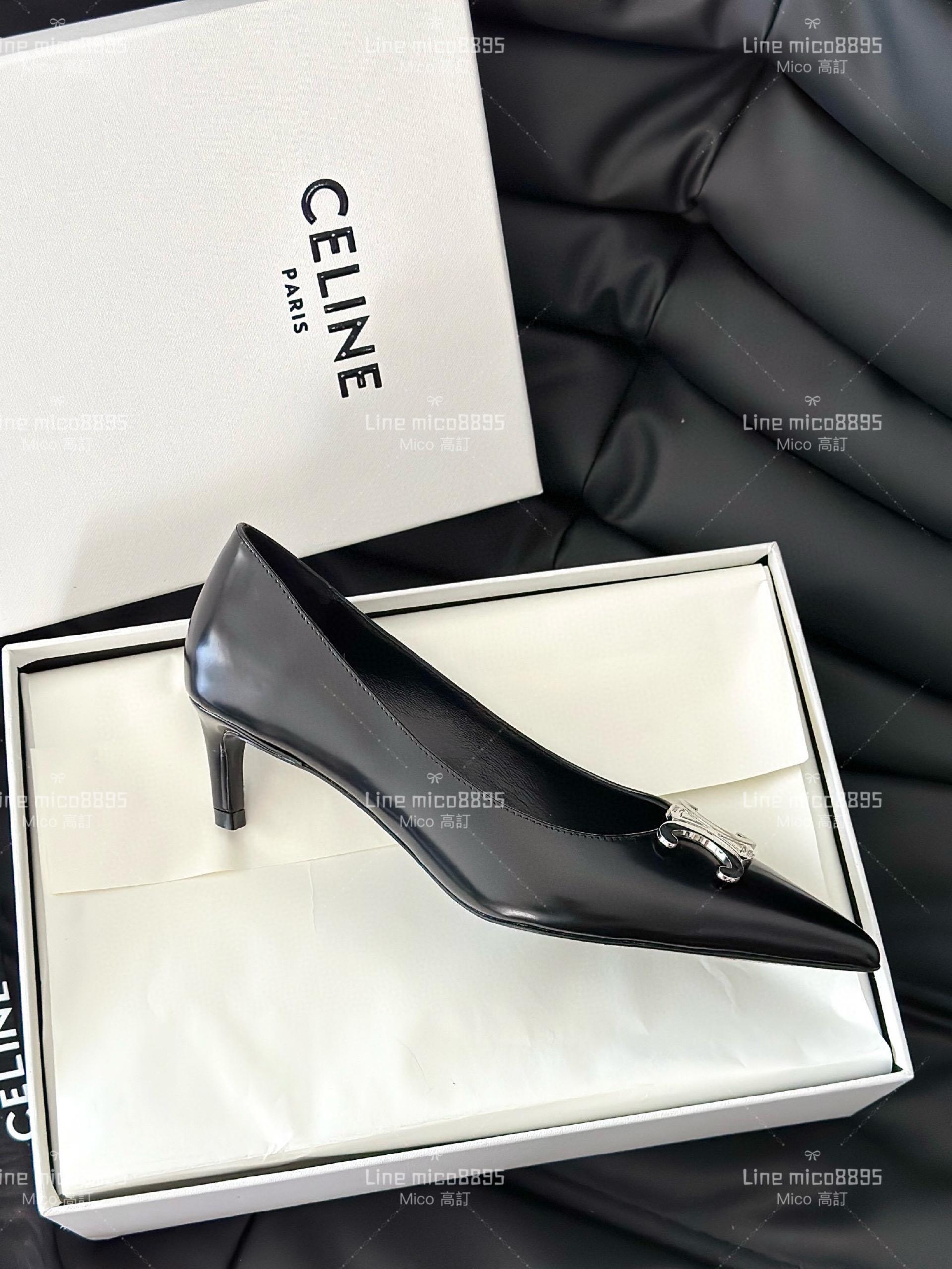 Celine 銀色金屬凱旋門尖頭高跟鞋 皮面 35-40