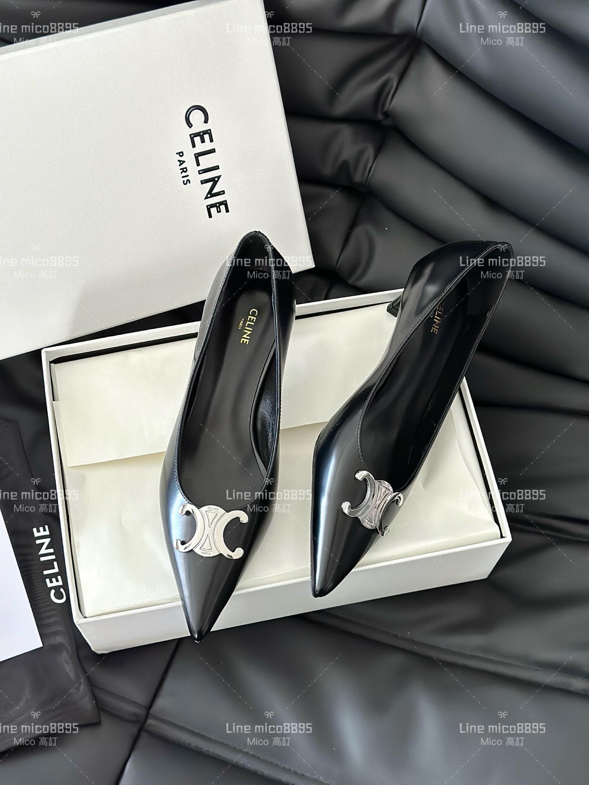 Celine 銀色金屬凱旋門尖頭高跟鞋 皮面 35-40