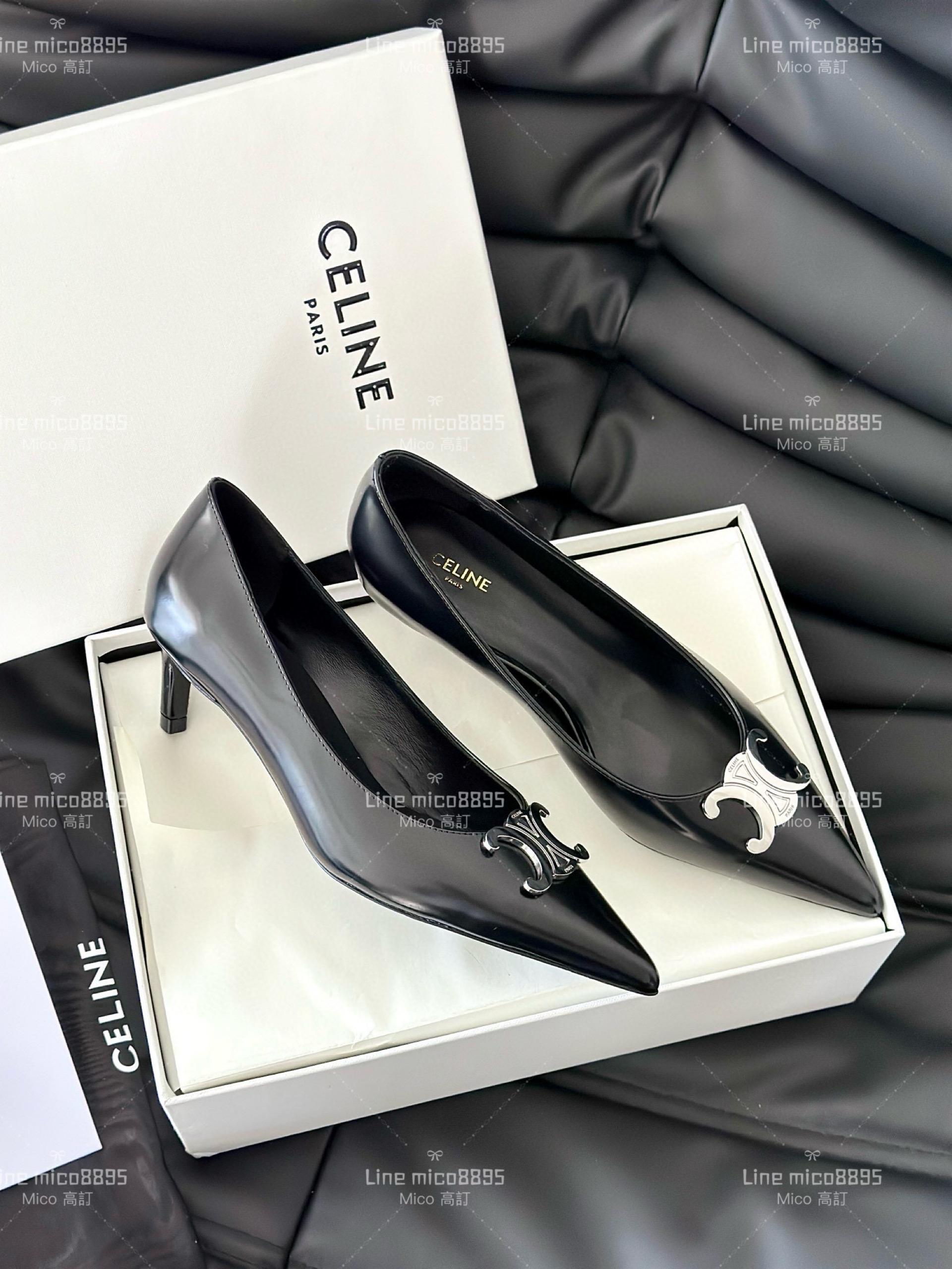 Celine 銀色金屬凱旋門尖頭高跟鞋 皮面 35-40