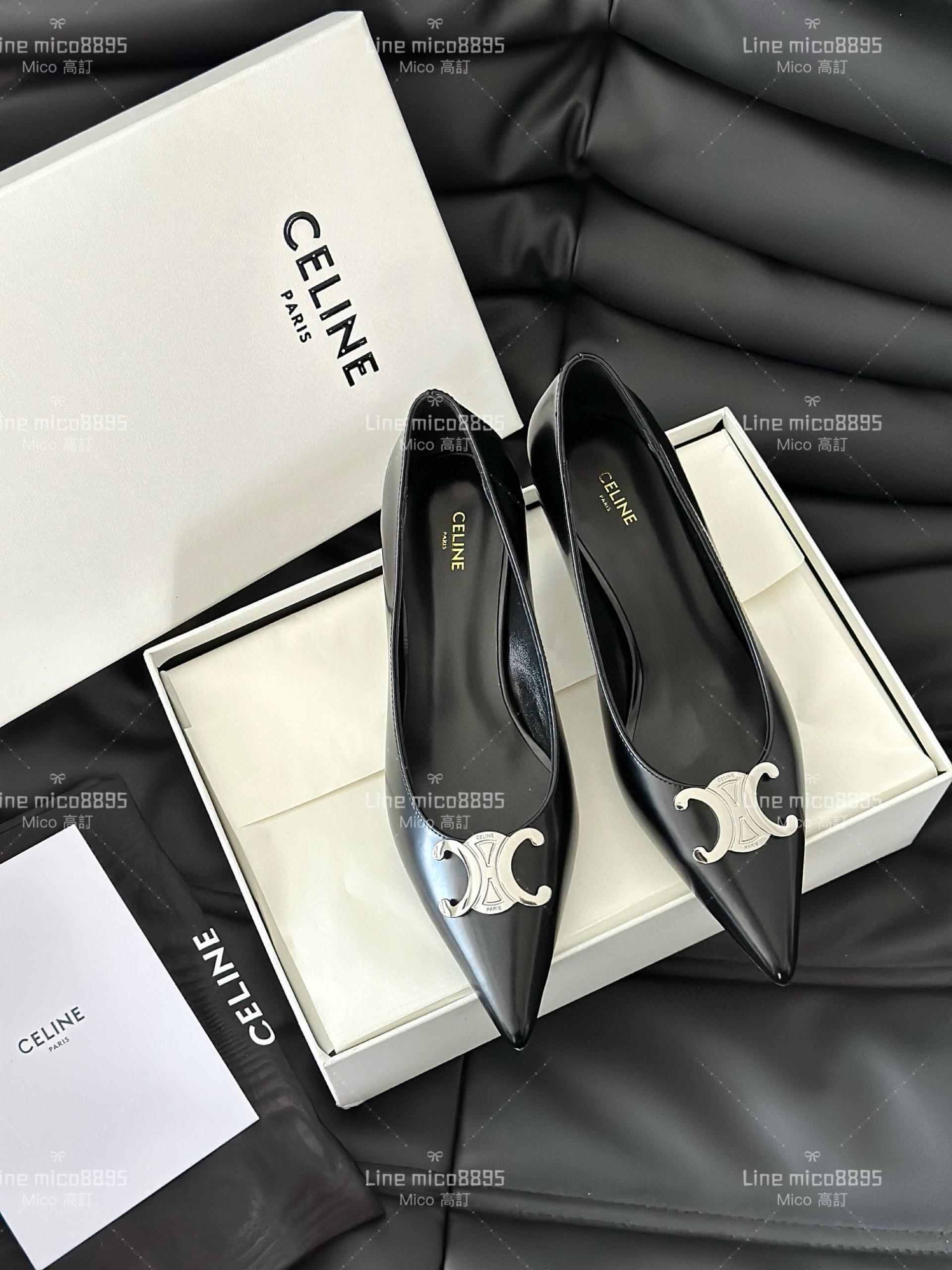 Celine 銀色金屬凱旋門尖頭高跟鞋 皮面 35-40