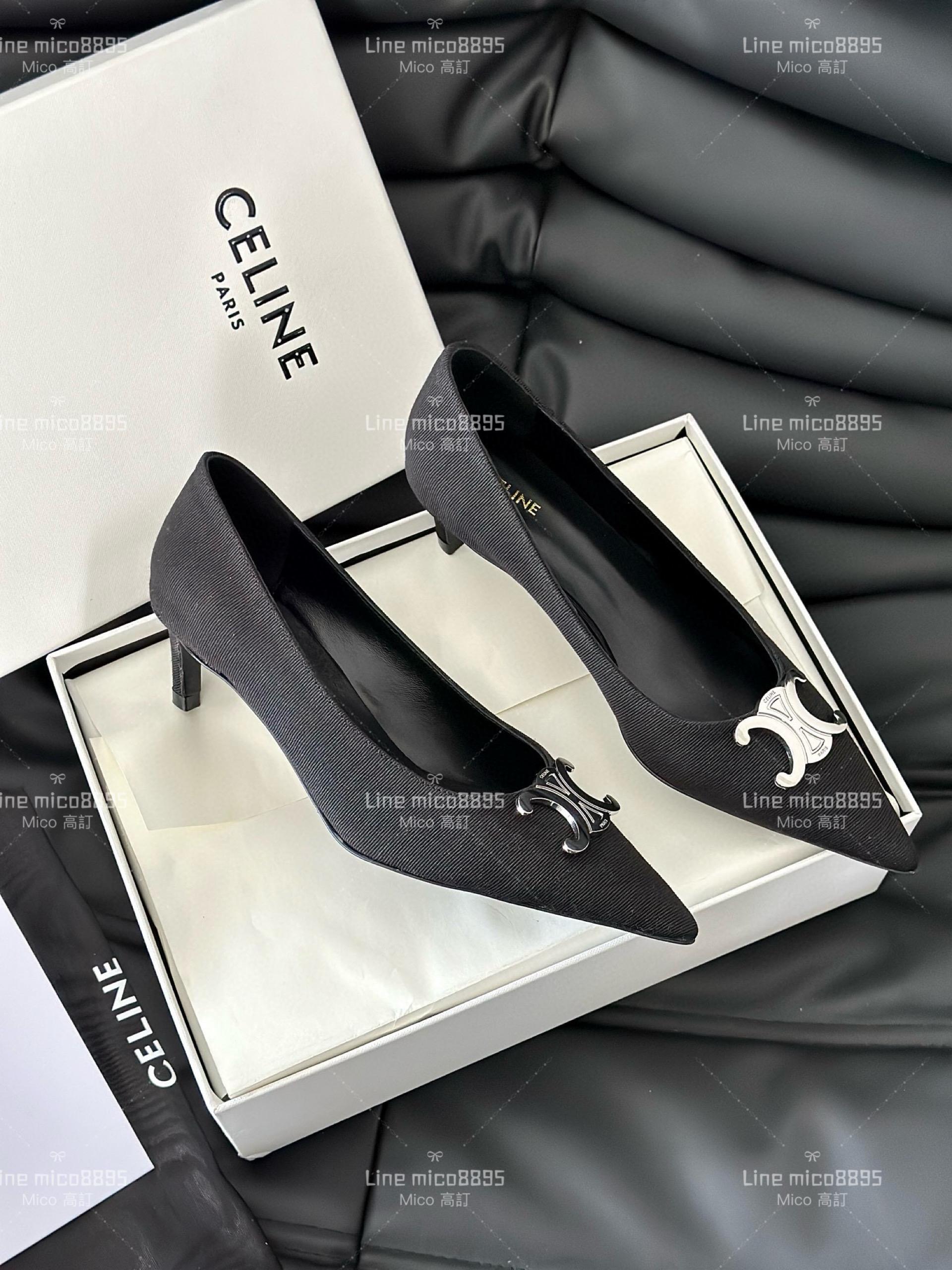 Celine 銀色金屬凱旋門尖頭高跟鞋 布面 35-40