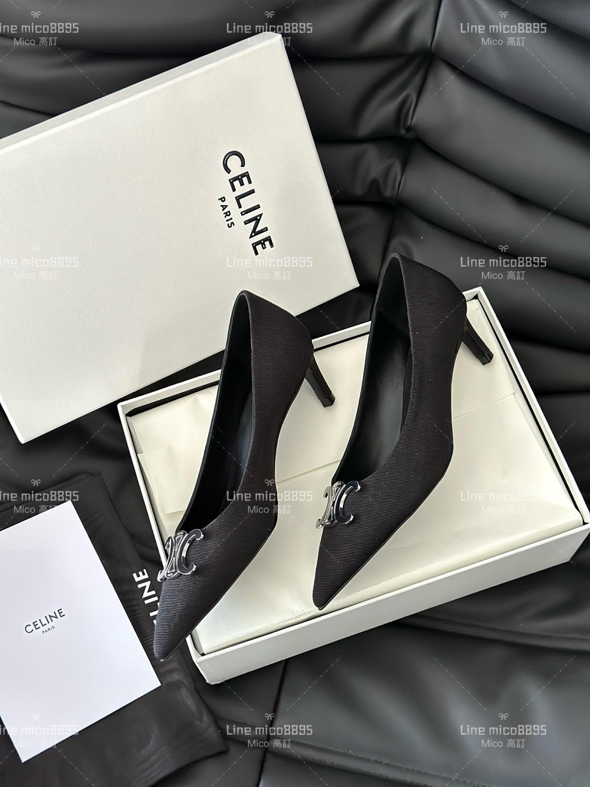 Celine 銀色金屬凱旋門尖頭高跟鞋 布面 35-40