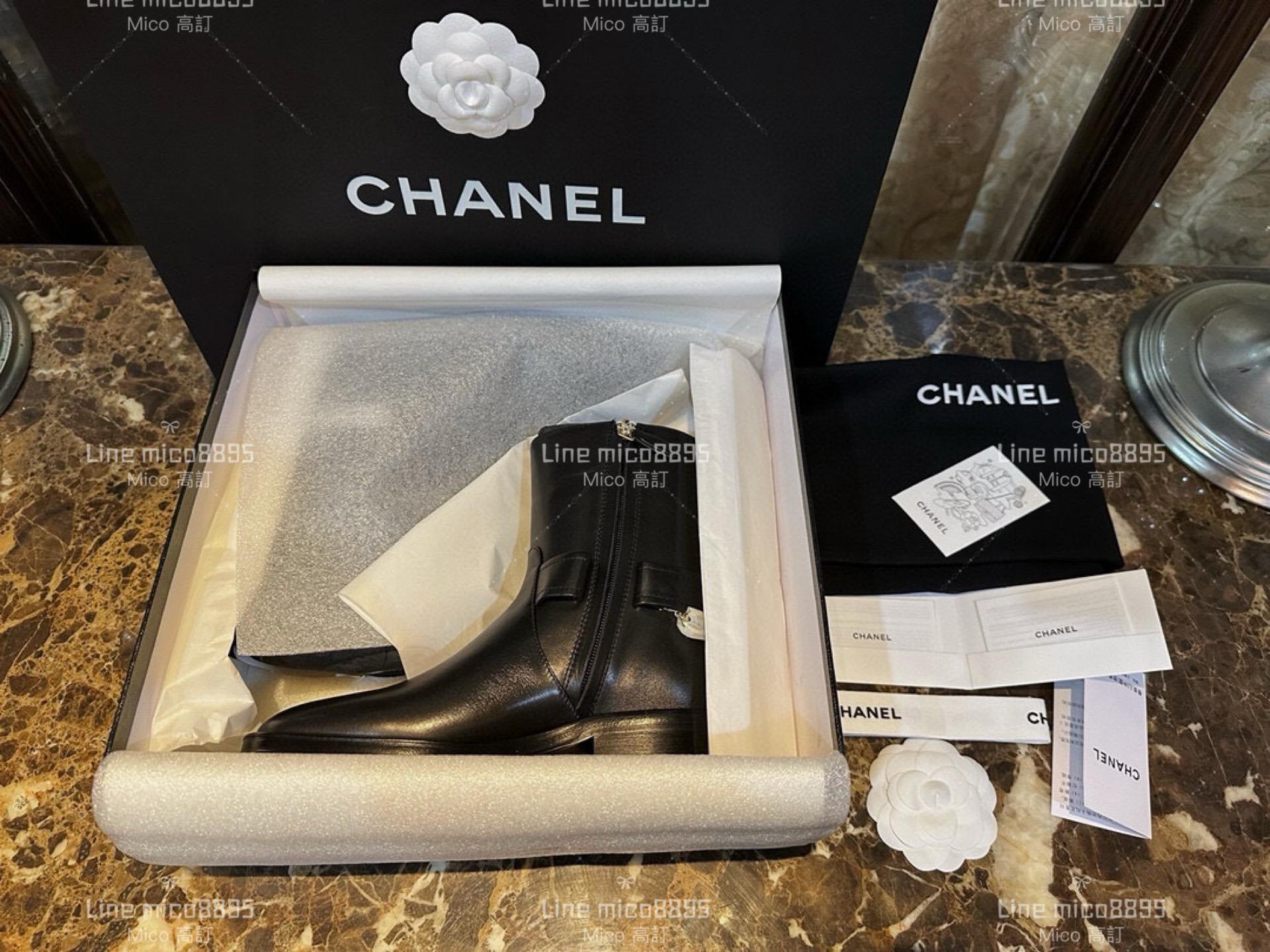 CHANEL 黑色牛皮革 鏈條騎士短靴 35-41