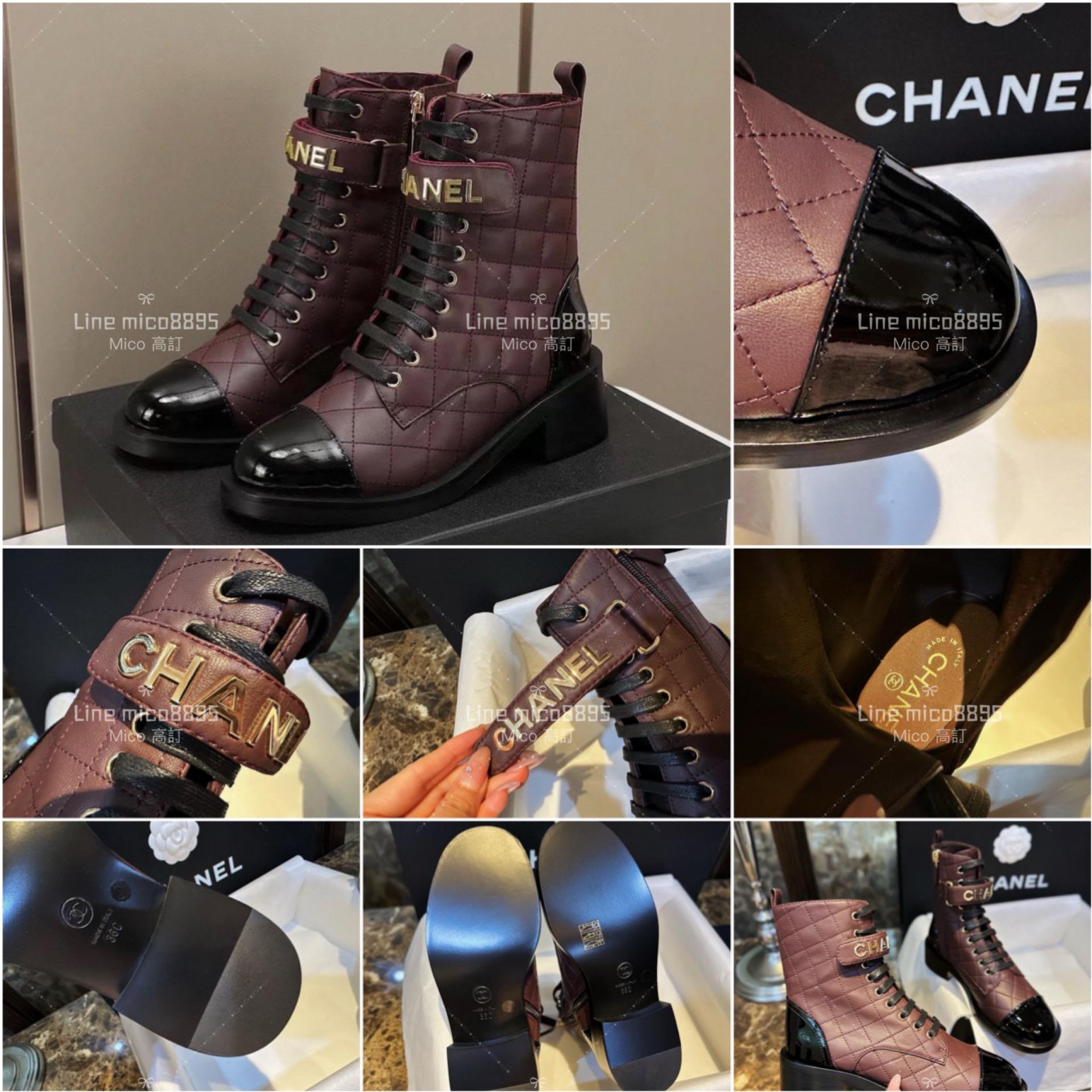 高訂款▫️CHANEL 𝟐𝟑𝐚酒紅色羊皮字母機車靴 短靴 35-41