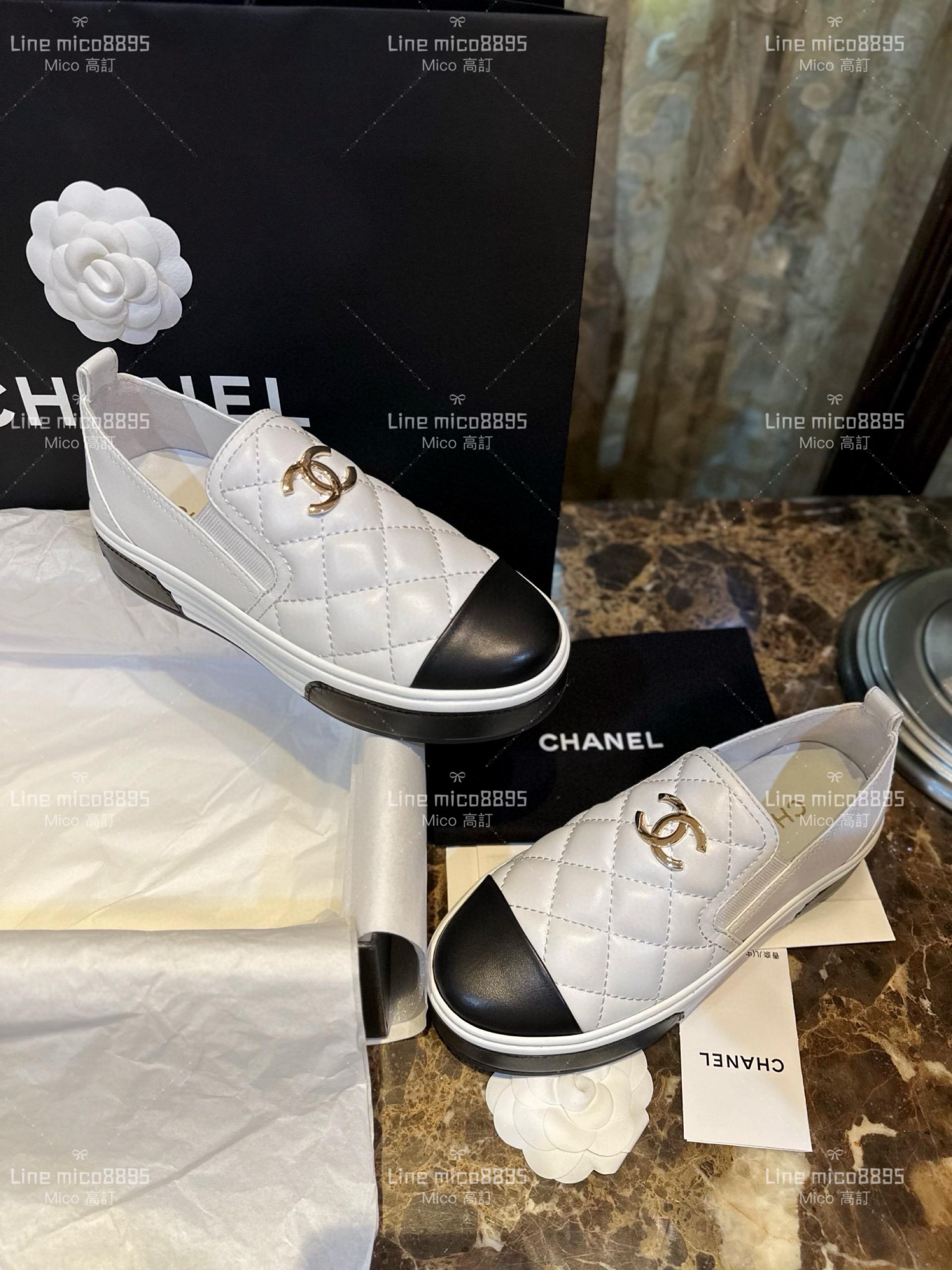 高訂款▫️CHANEL 𝟐𝟑𝐏 厚底黑白拼色小羊皮菱格樂福鞋 平底便鞋 35-41