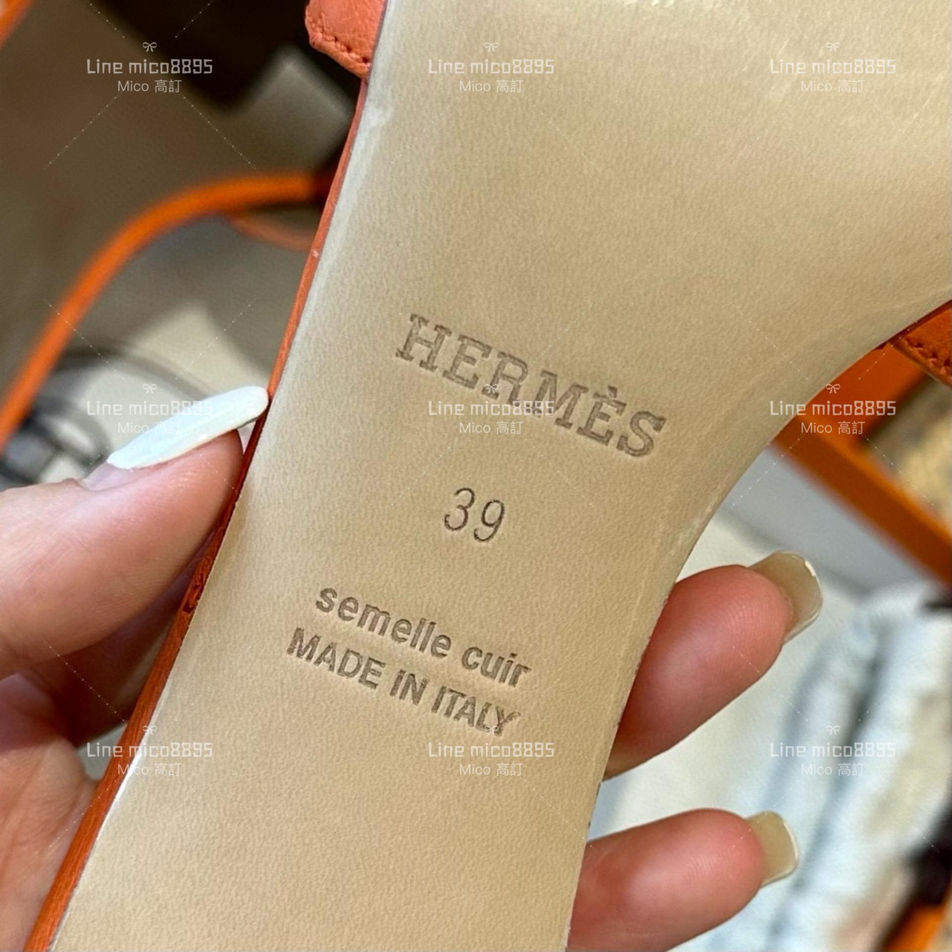 高訂款▫️ Hermes 愛馬仕 橙色 鴕鳥皮 全手工訂製H拖鞋 高跟涼鞋 34-41