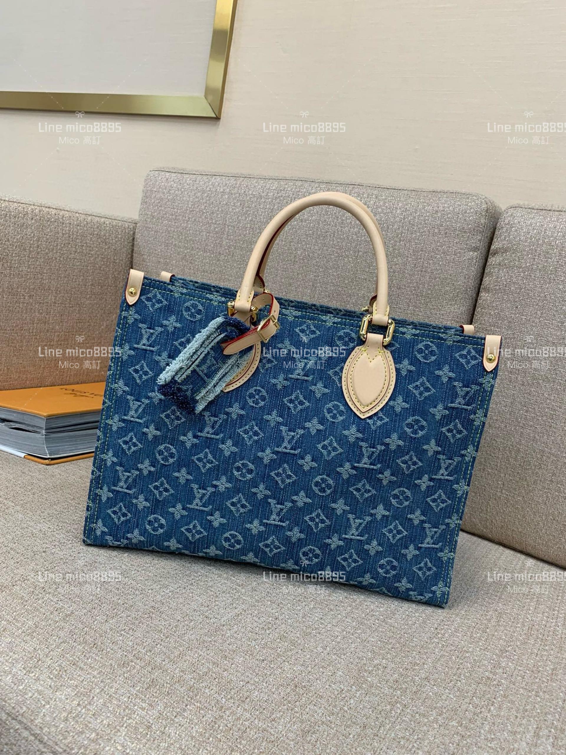 LV 丹寧牛仔Onthego 中號手袋 托特包 購物袋 M46871 藍色 35cm