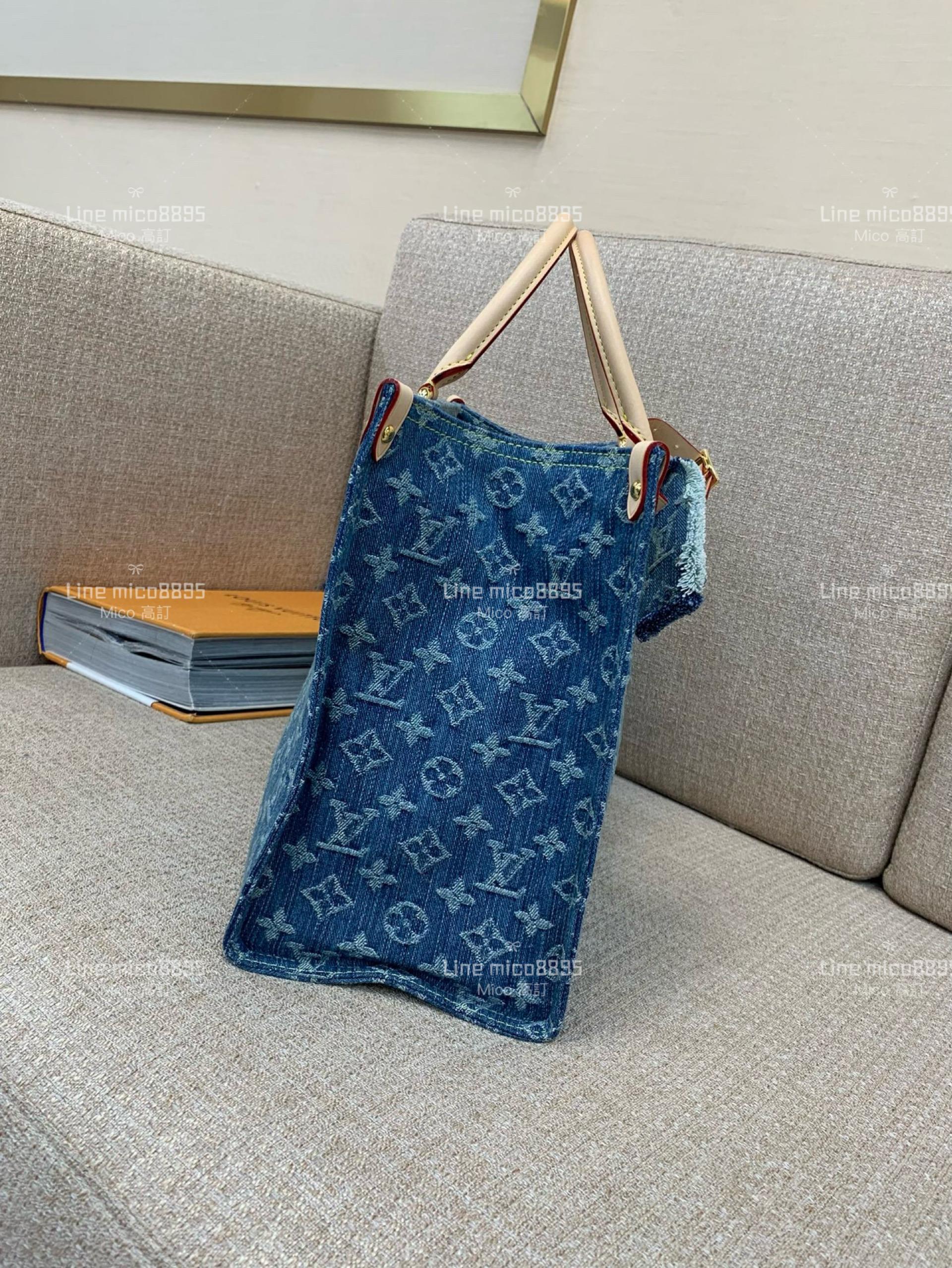 LV 丹寧牛仔Onthego 中號手袋 托特包 購物袋 M46871 藍色 35cm