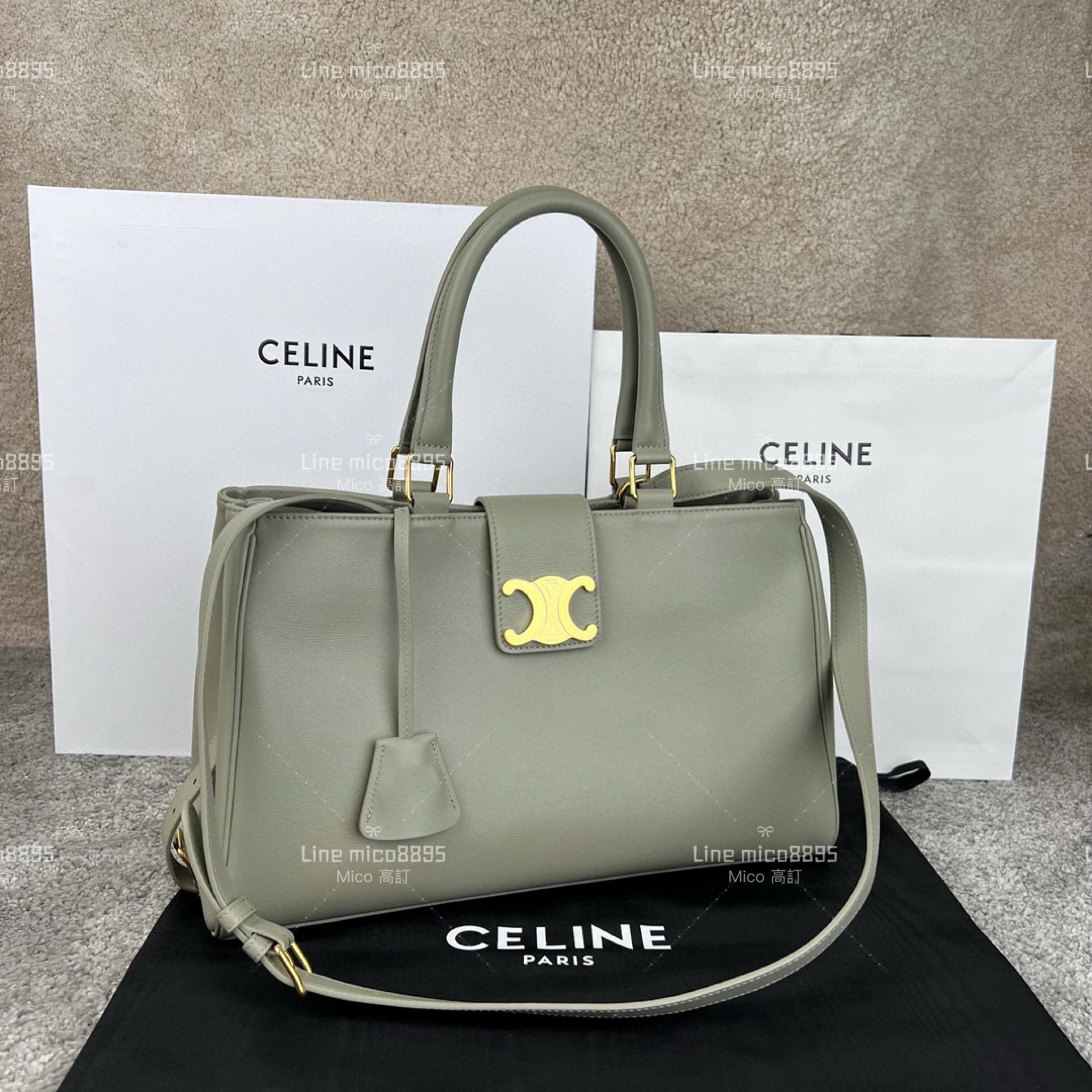 Celine 灰綠色 APPOLINE 中號柔軟牛皮革手袋 手提包 斜跨包 37cm