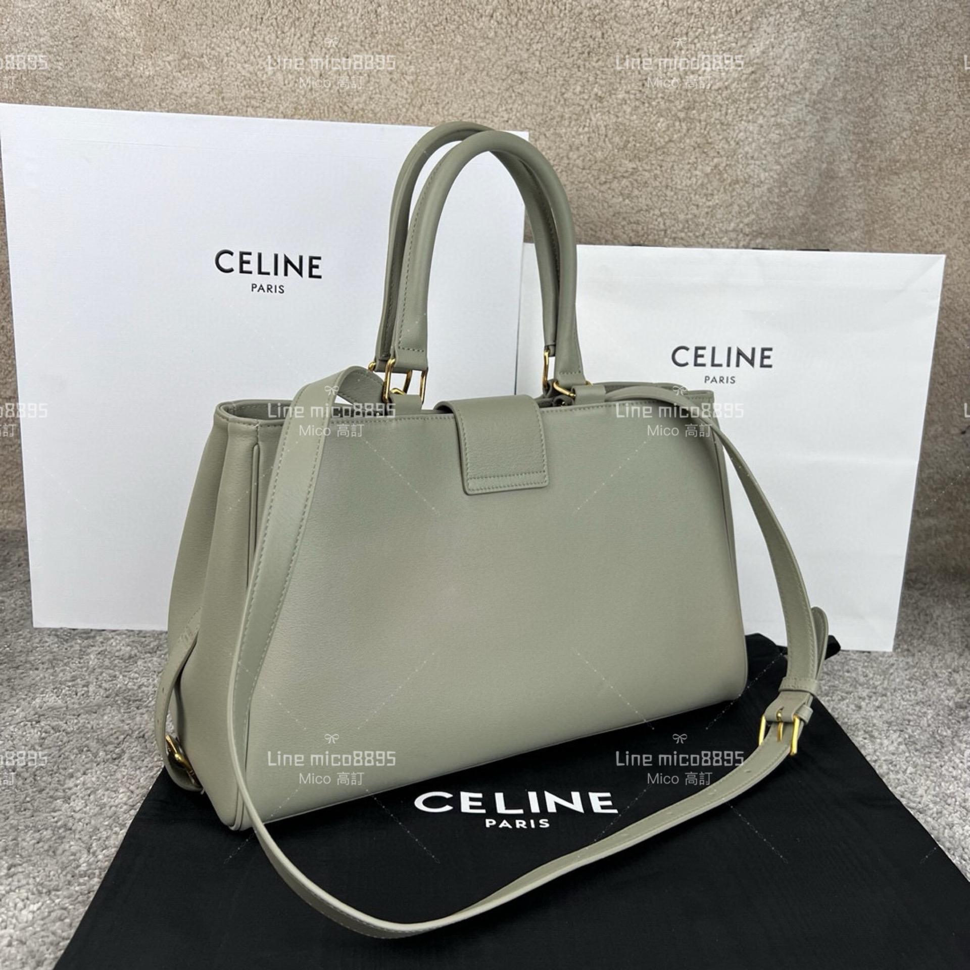 Celine 灰綠色 APPOLINE 中號柔軟牛皮革手袋 手提包 斜跨包 37cm