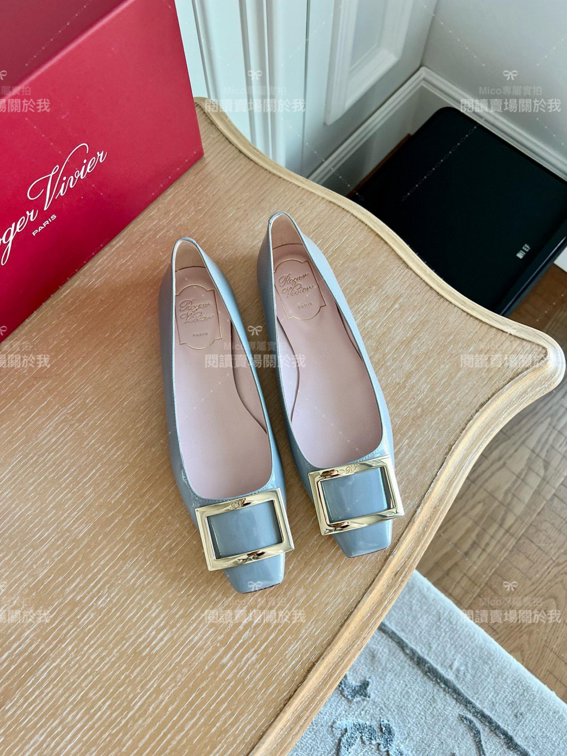 Roger vivier Trompette 淺灰色 藍灰色 漆皮金屬搭扣芭蕾舞平底鞋 女鞋 35-39