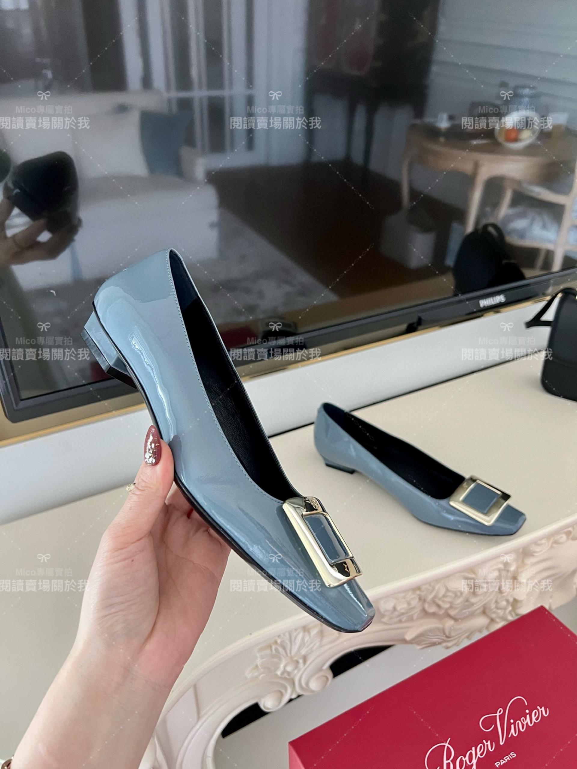 Roger vivier Belle Vivier 霧霾藍 漆皮金屬搭扣芭蕾平底鞋 35-39