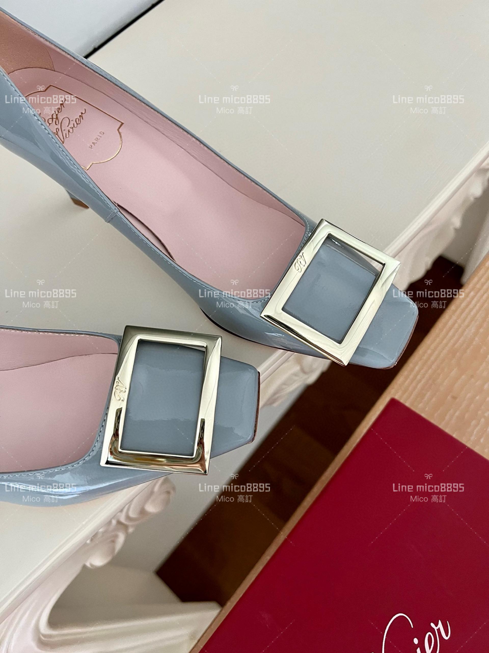 Roger vivier 煙灰色 Belle Trompette 漆皮金屬扣高跟鞋 香蕉跟7cm  35-39