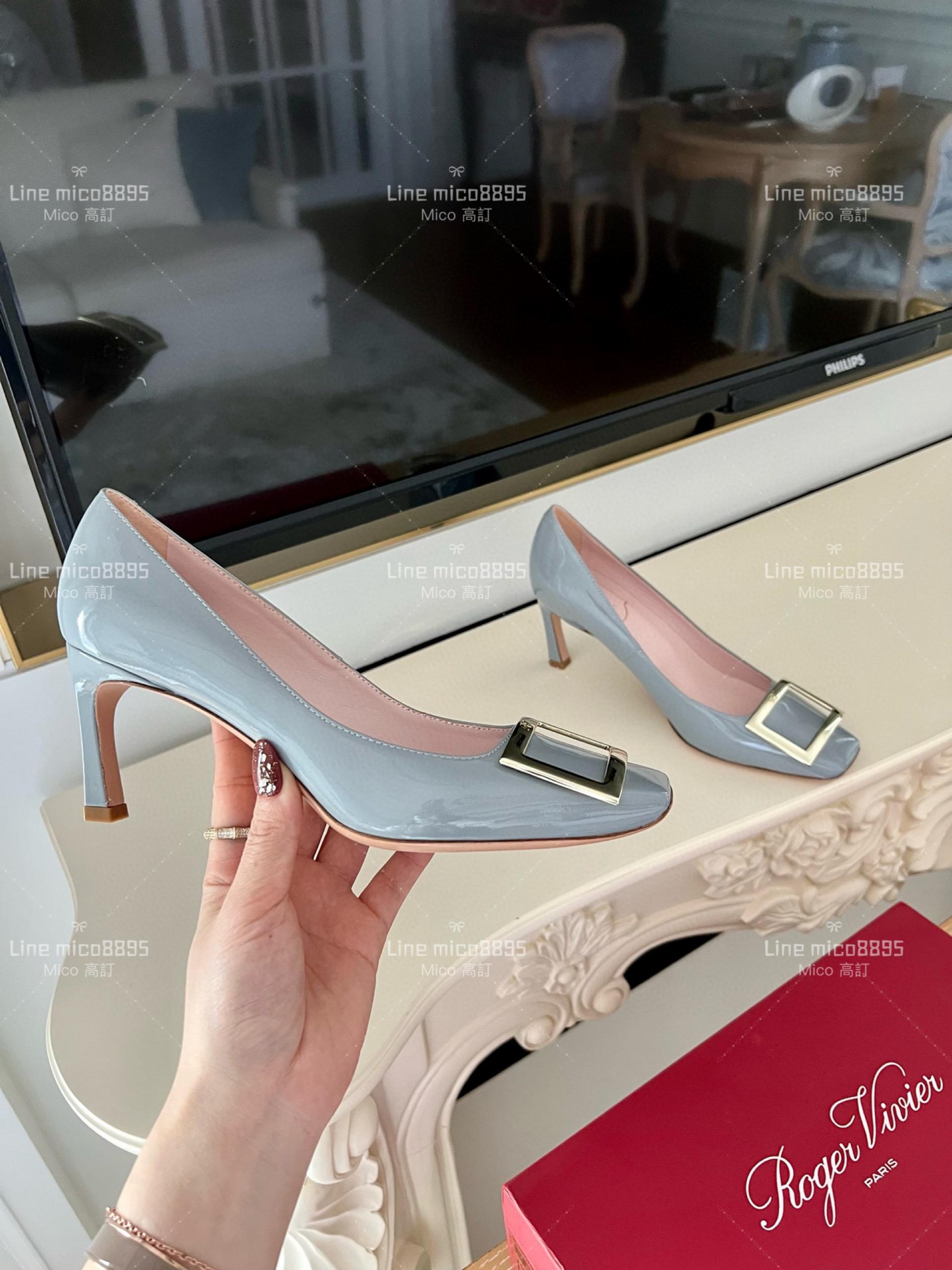 Roger vivier 煙灰色 Belle Trompette 漆皮金屬扣高跟鞋 香蕉跟7cm  35-39