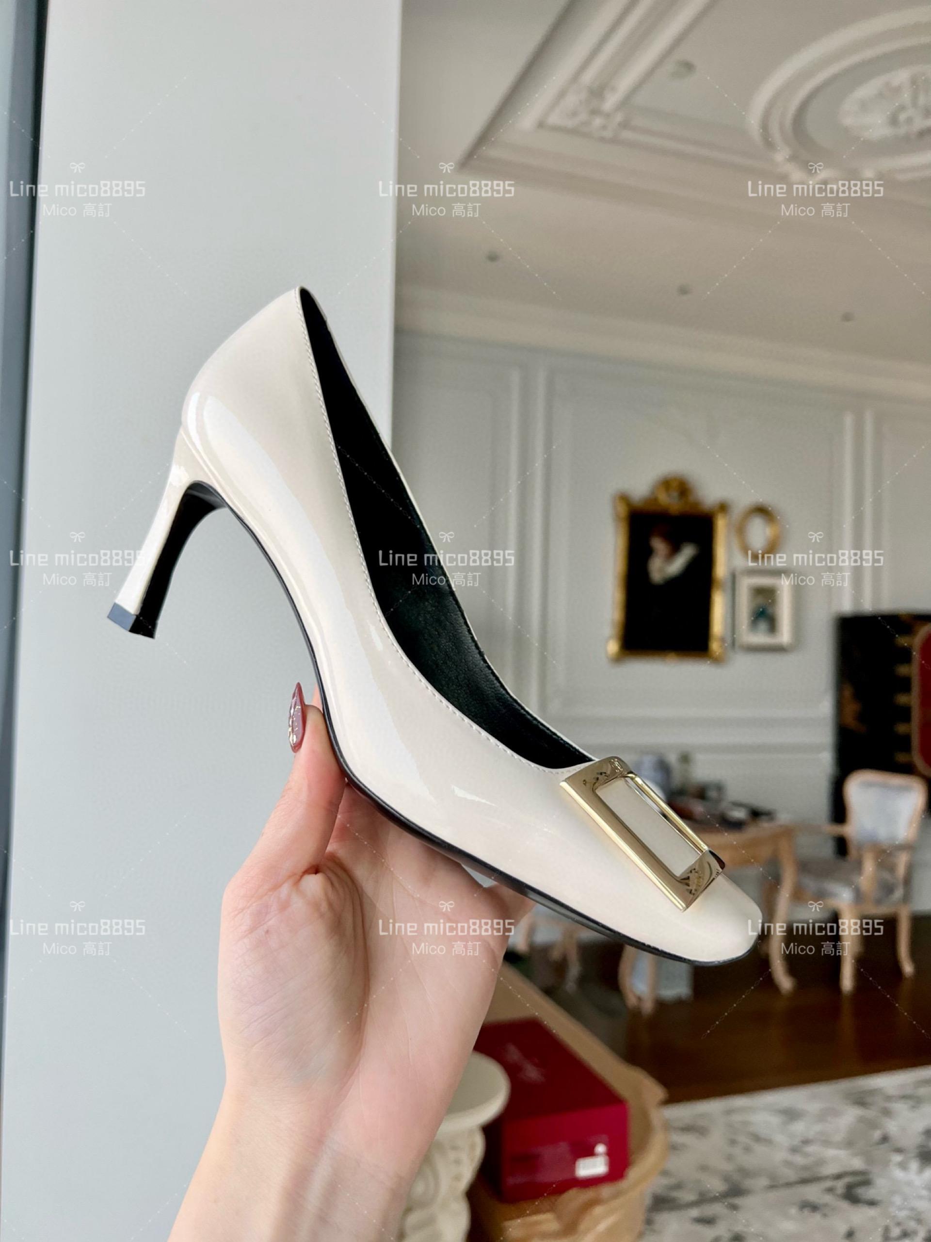 Roger vivier 白色黑裡 Belle Trompette 漆皮金屬扣高跟鞋 香蕉跟7cm  35-39