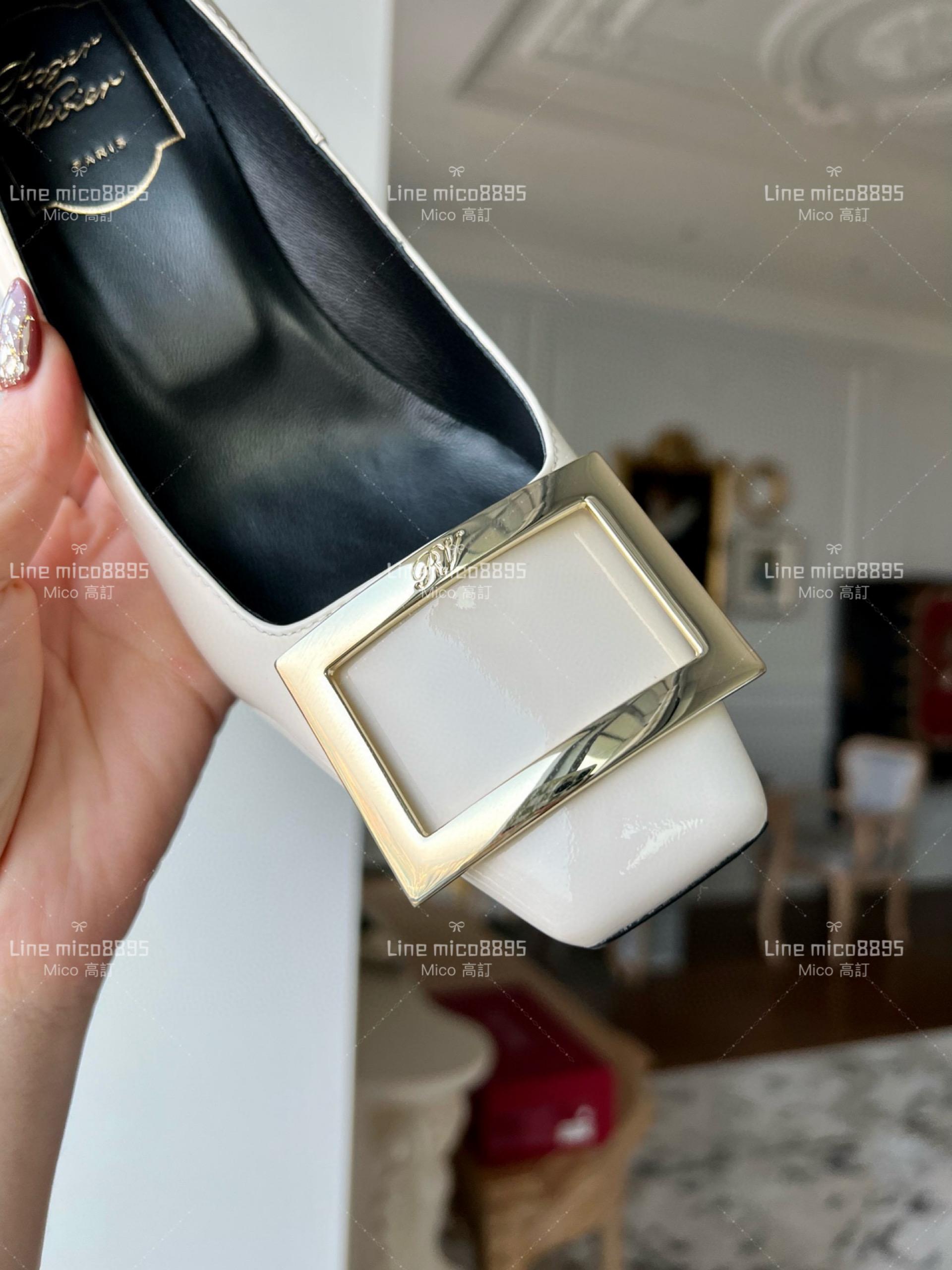 Roger vivier 白色黑裡 Belle Trompette 漆皮金屬扣高跟鞋 香蕉跟7cm  35-39