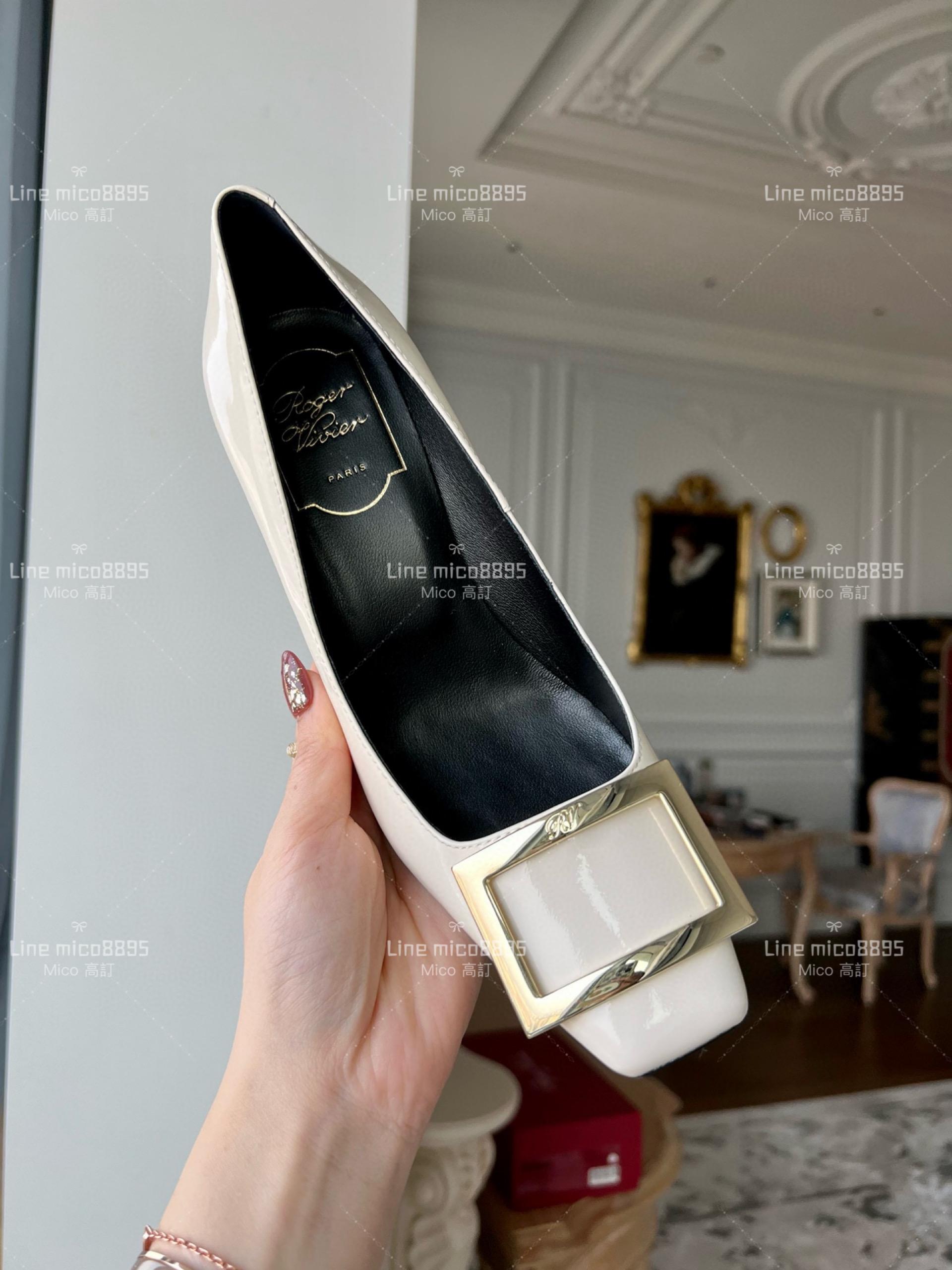 Roger vivier 白色黑裡 Belle Trompette 漆皮金屬扣高跟鞋 香蕉跟7cm  35-39