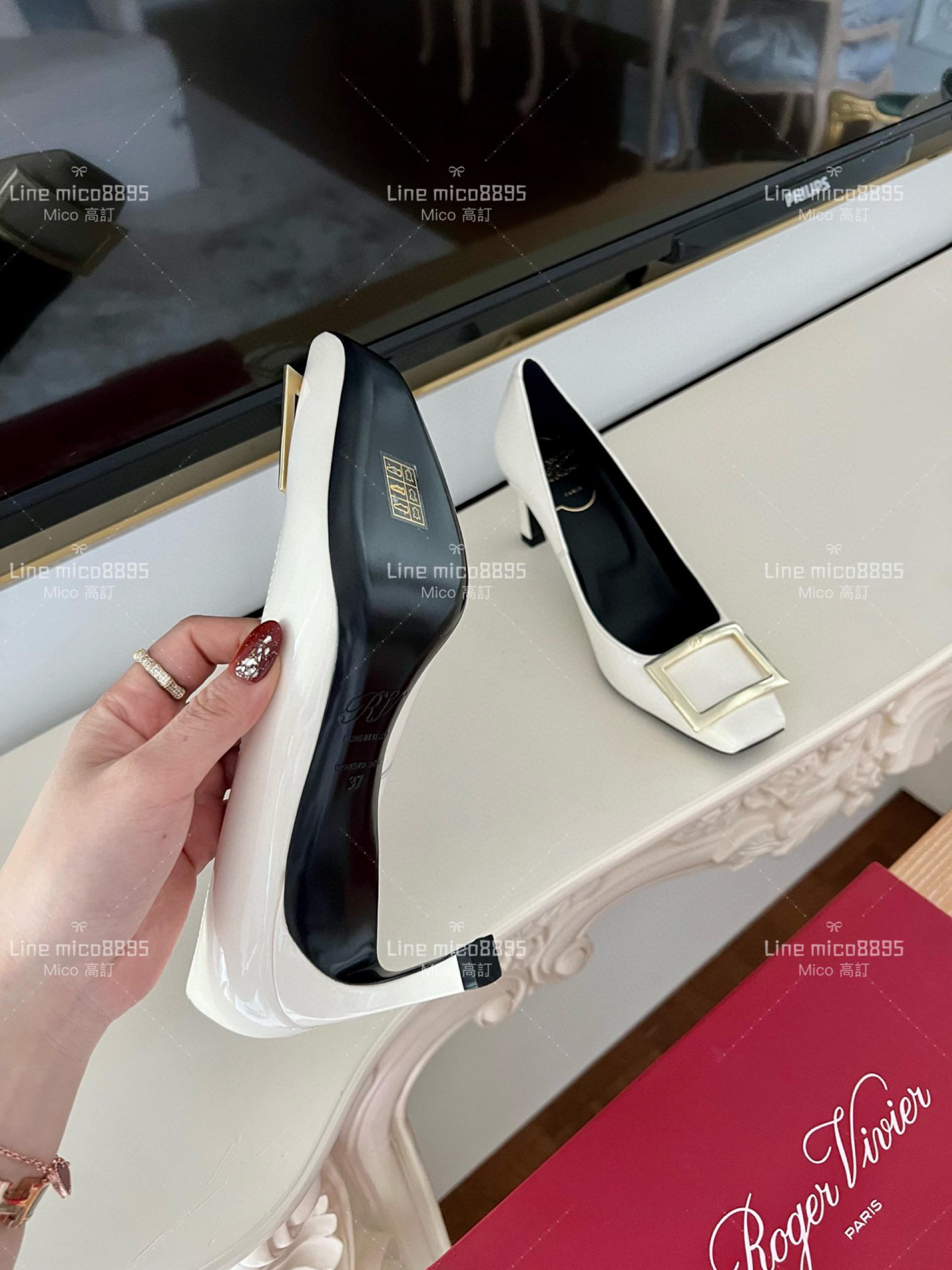 Roger vivier 白色黑裡 Belle Trompette 漆皮金屬扣高跟鞋 香蕉跟7cm  35-39