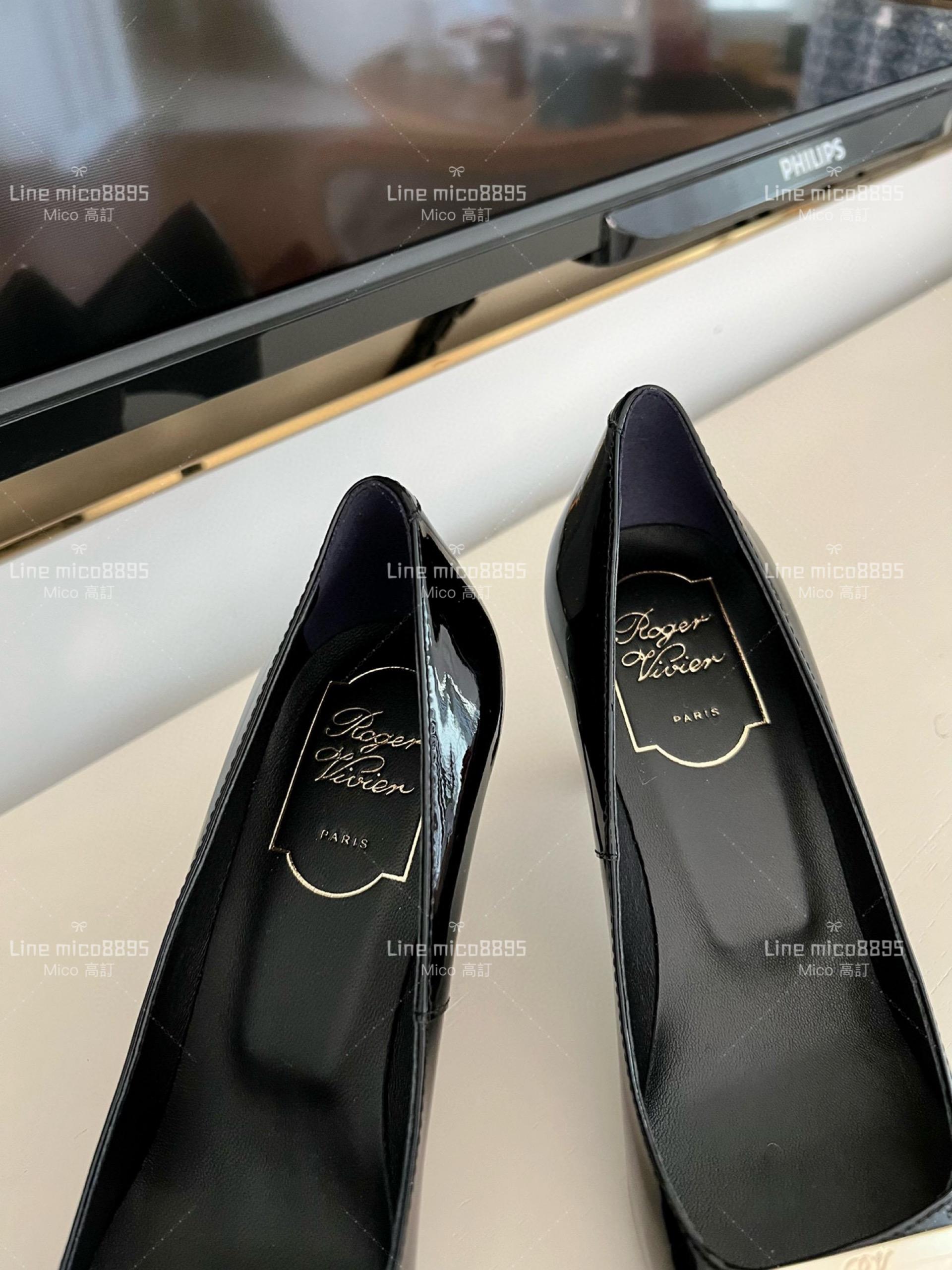 Roger vivier 黑色 Belle Trompette 漆皮金屬扣高跟鞋 香蕉跟7cm  35-39