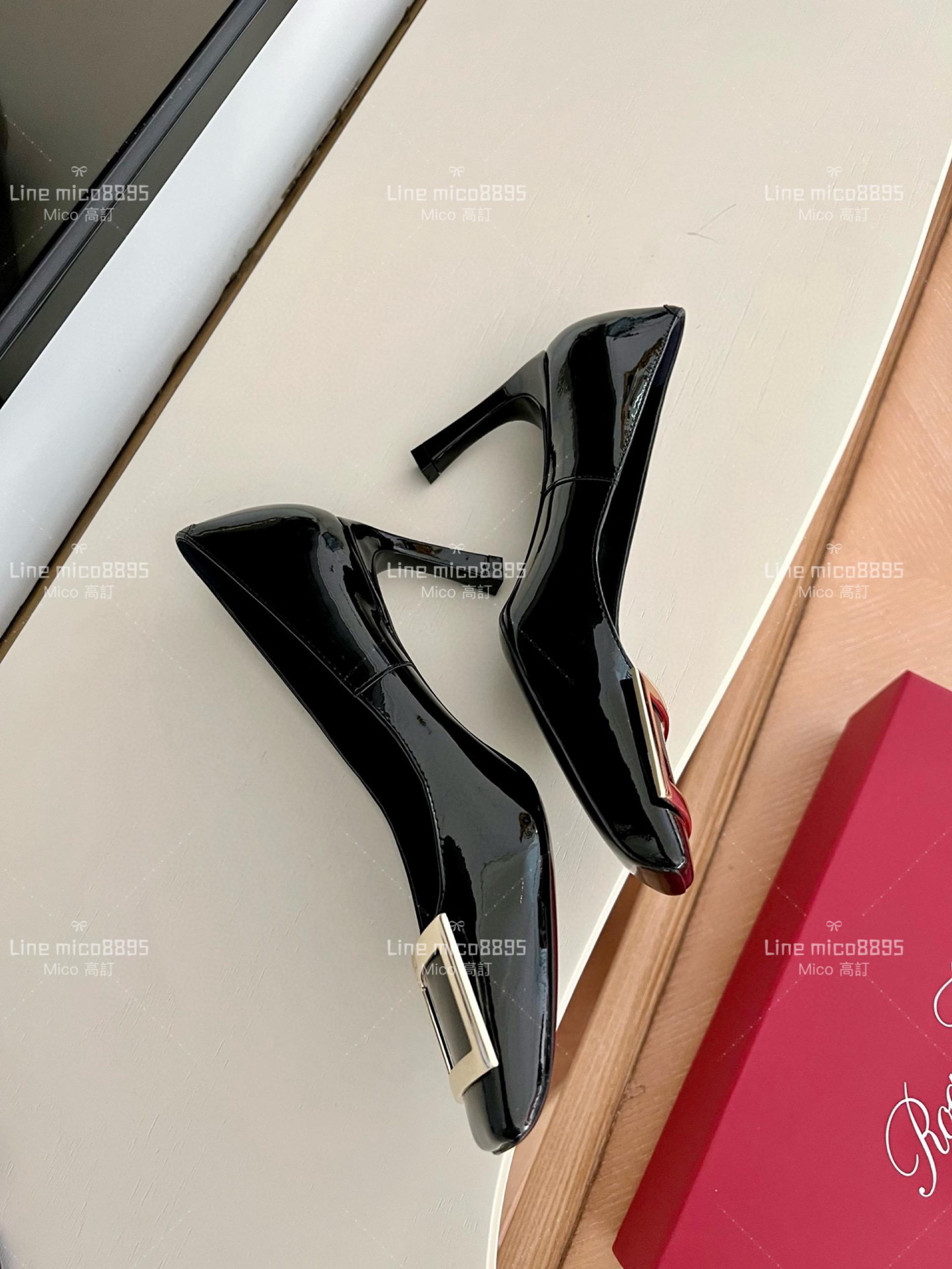 Roger vivier 黑色 Belle Trompette 漆皮金屬扣高跟鞋 香蕉跟7cm  35-39