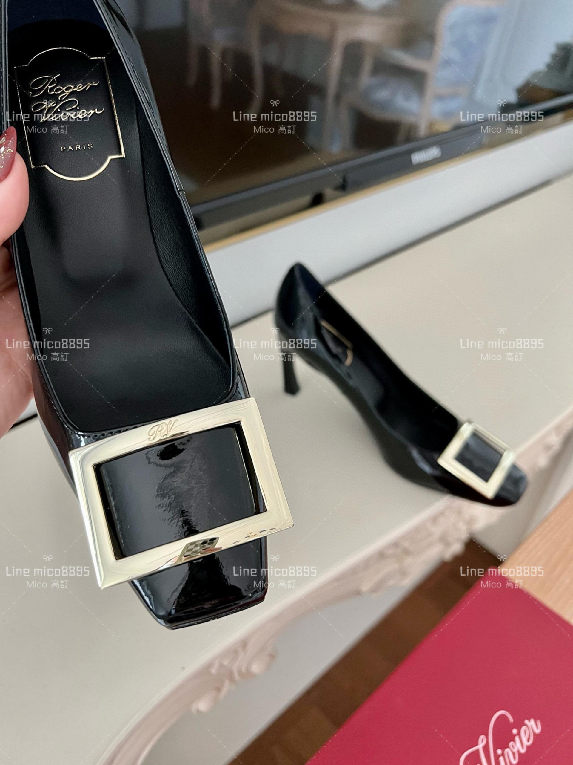 Roger vivier 黑色 Belle Trompette 漆皮金屬扣高跟鞋 香蕉跟7cm  35-39