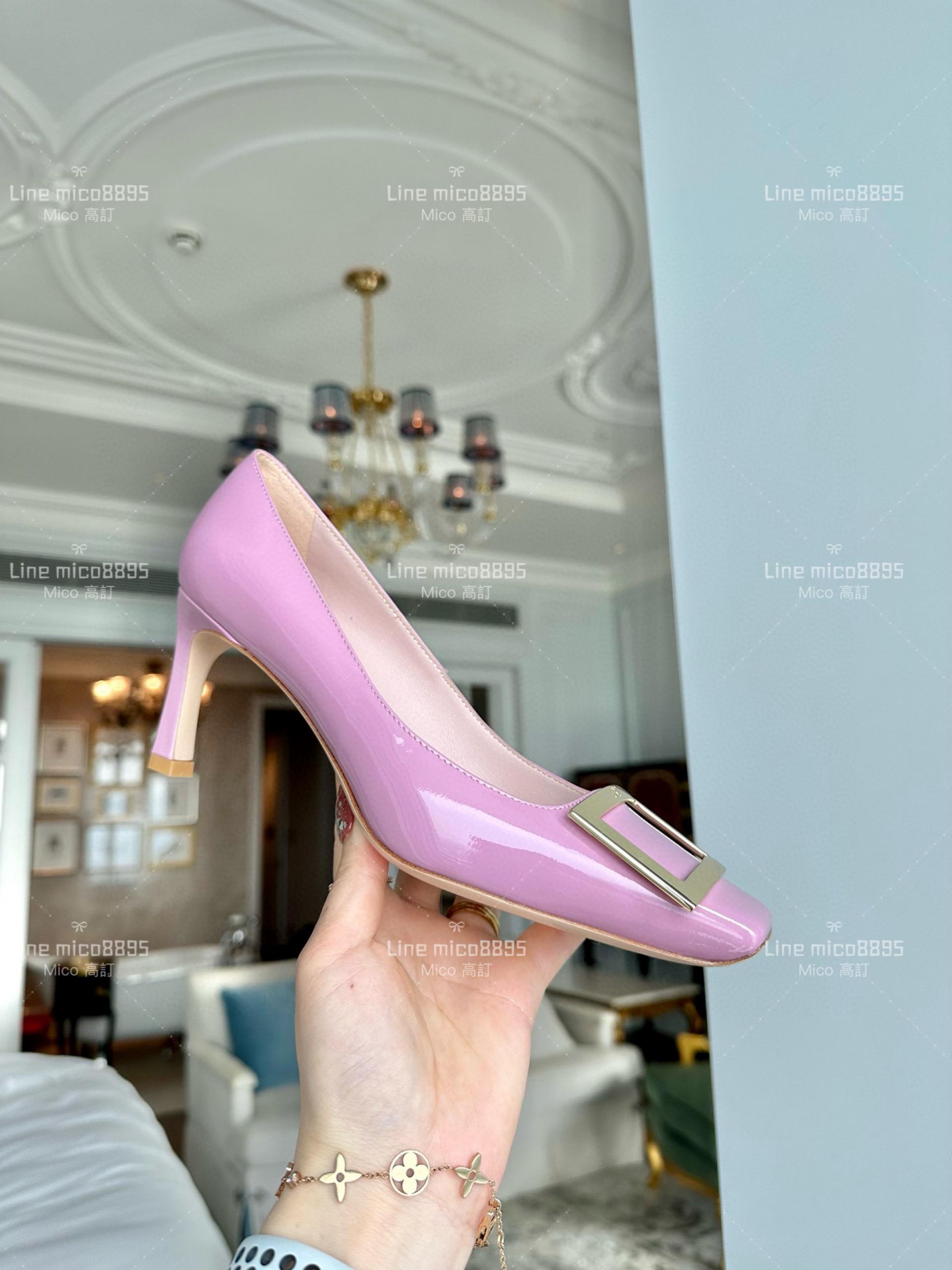 Roger vivier 香芋粉 Belle Trompette 漆皮金屬扣高跟鞋 香蕉跟7cm  35-39