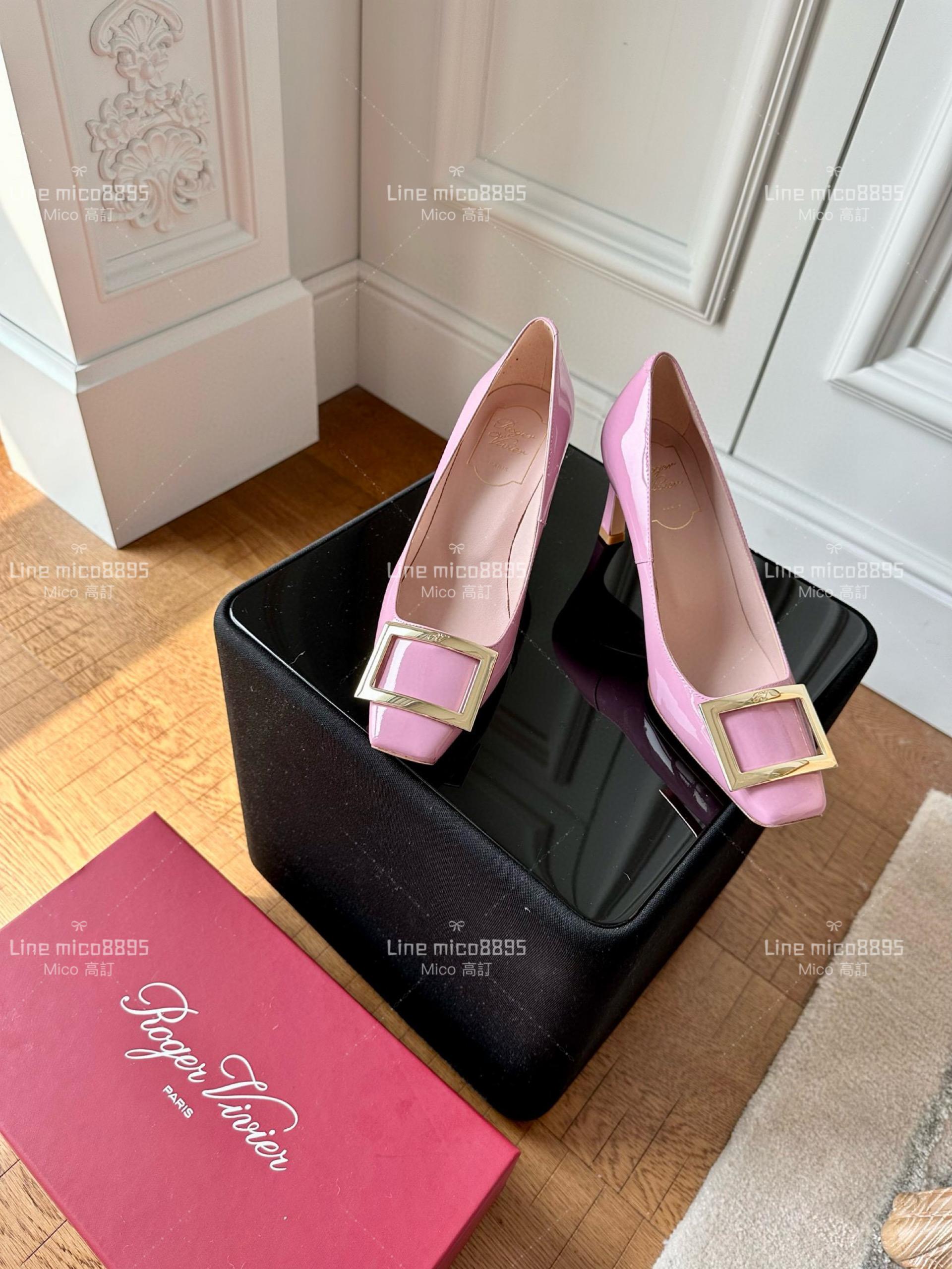 Roger vivier 香芋粉 Belle Trompette 漆皮金屬扣高跟鞋 香蕉跟7cm  35-39