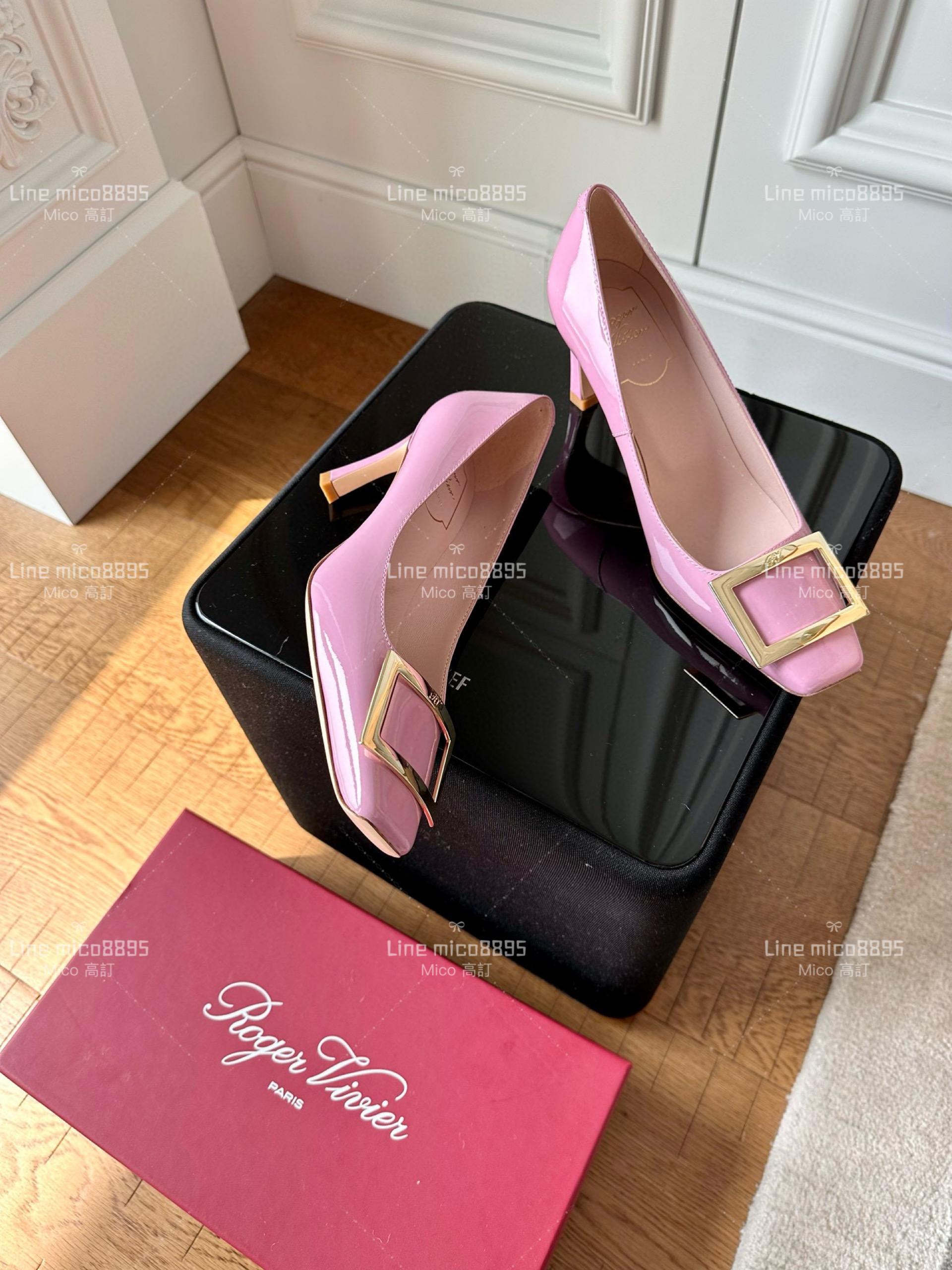 Roger vivier 香芋粉 Belle Trompette 漆皮金屬扣高跟鞋 香蕉跟7cm  35-39