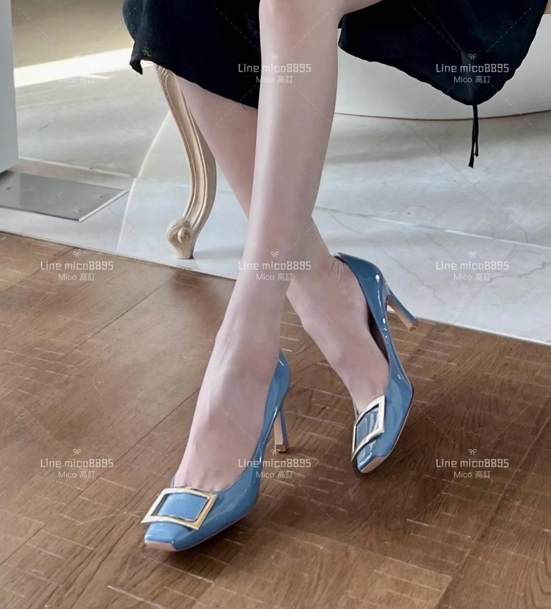 Roger vivier 淺藍色 Belle Trompette 漆皮金屬扣高跟鞋 香蕉跟7cm  35-39