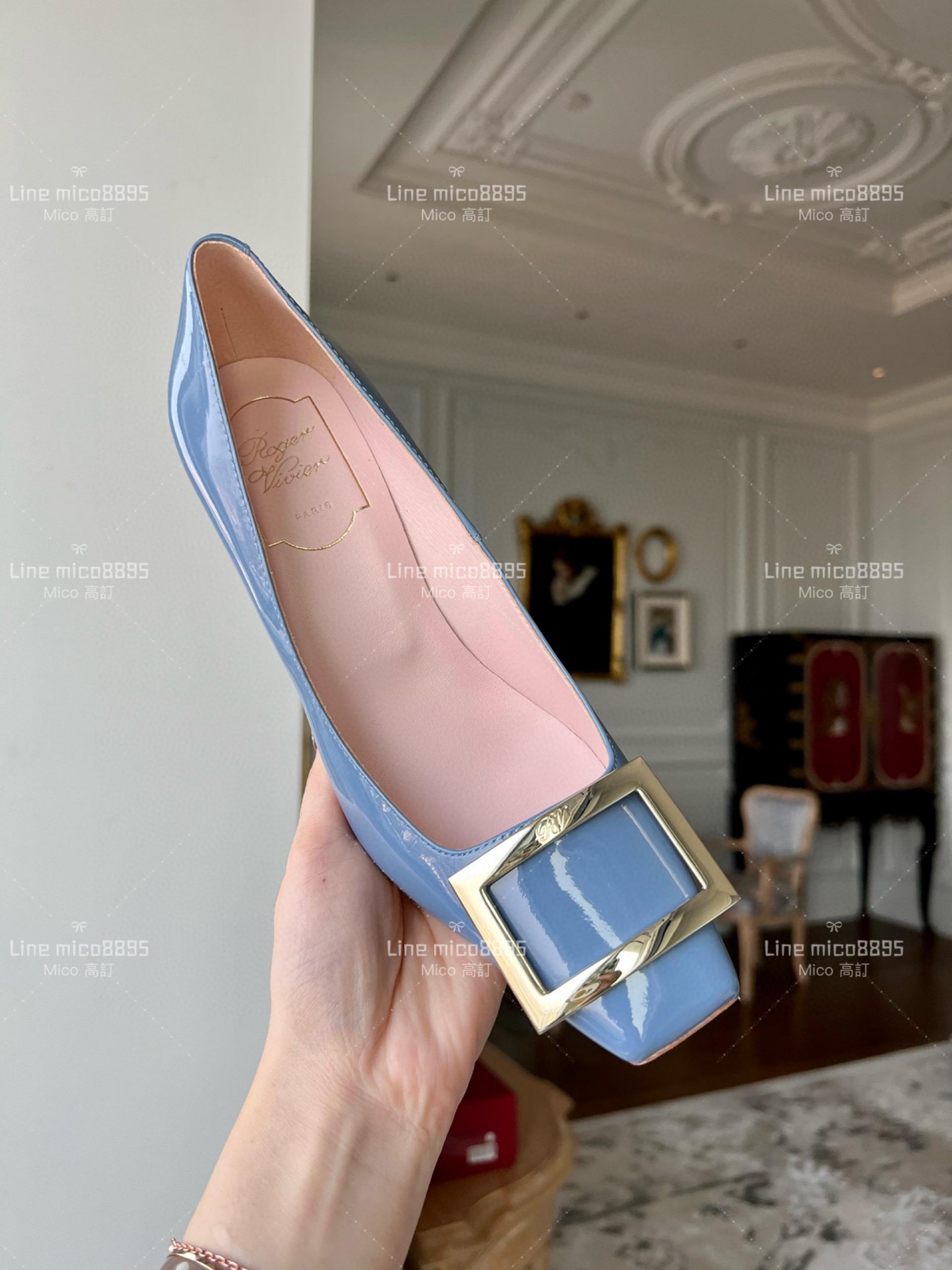 Roger vivier 淺藍色 Belle Trompette 漆皮金屬扣高跟鞋 香蕉跟7cm  35-39