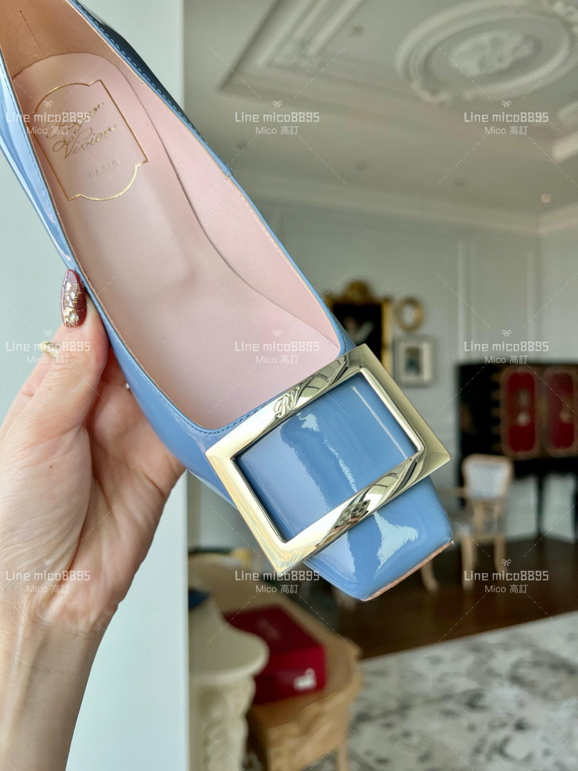 Roger vivier 淺藍色 Belle Trompette 漆皮金屬扣高跟鞋 香蕉跟7cm  35-39