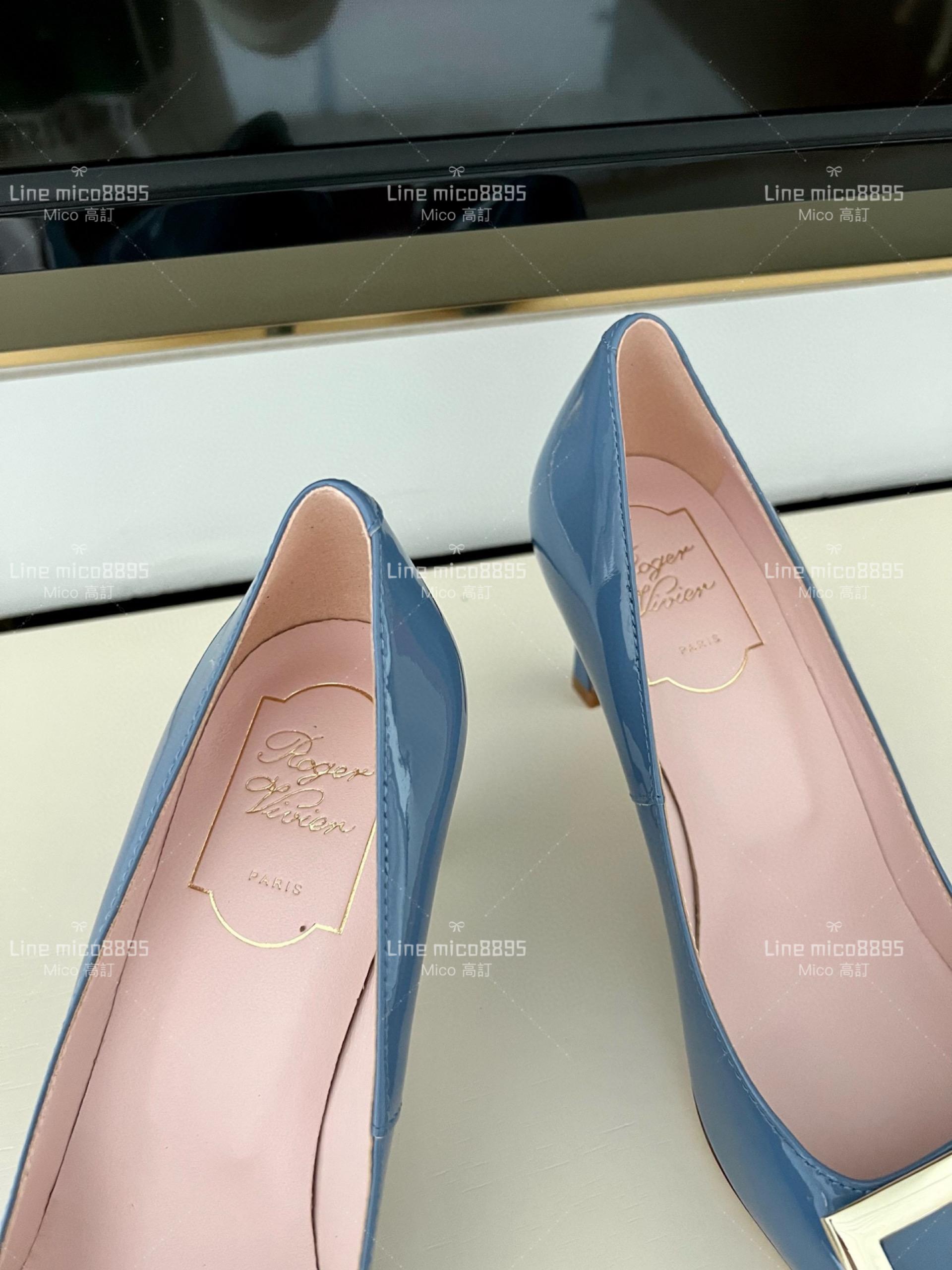 Roger vivier 淺藍色 Belle Trompette 漆皮金屬扣高跟鞋 香蕉跟7cm  35-39